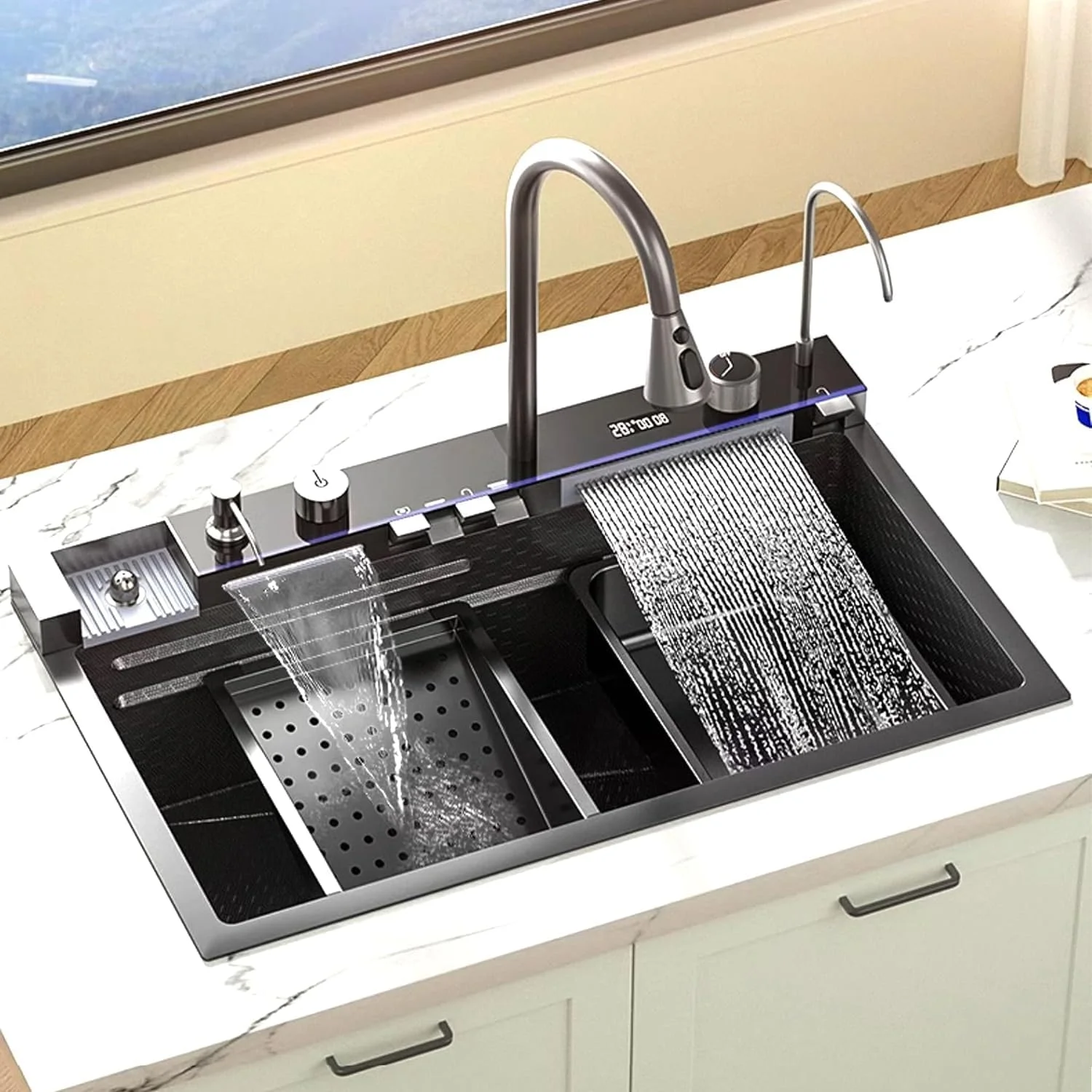 سینک ظرفشویی استیل ضد زنگ PASPRT Drop - سینک مدرن روکار تک لگنه 29.5 اینچی با نمایشگر LED دما، تخته برش، طراحی آبشاری