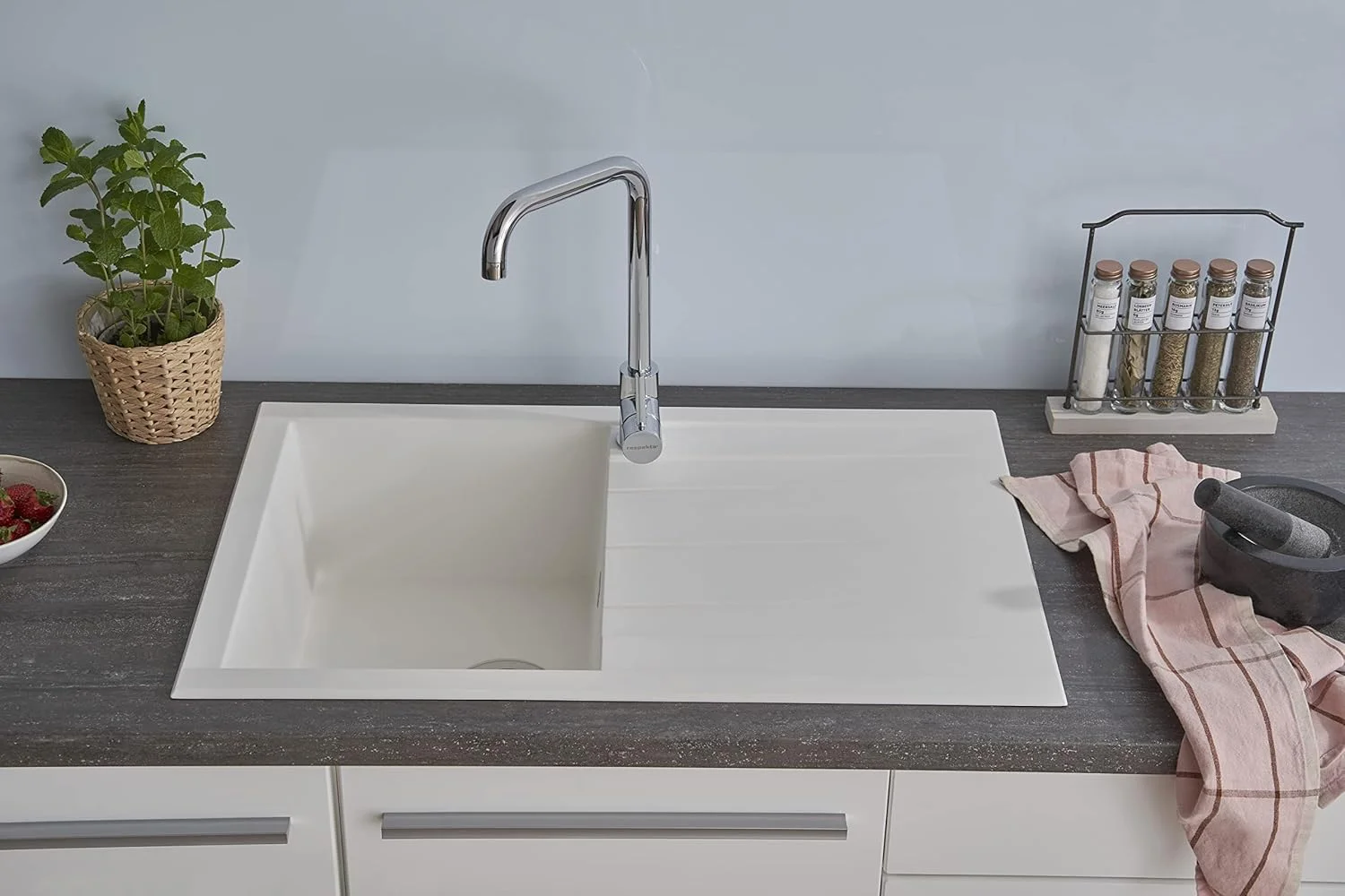 سینک گرانیتی رسپکتا هوستون مدل سفید / سینک تک لگنه توکار 80x50 سانتی متر / مناسب برای کابینت های زیر سینک با عرض 50 سانتی متر، سفید