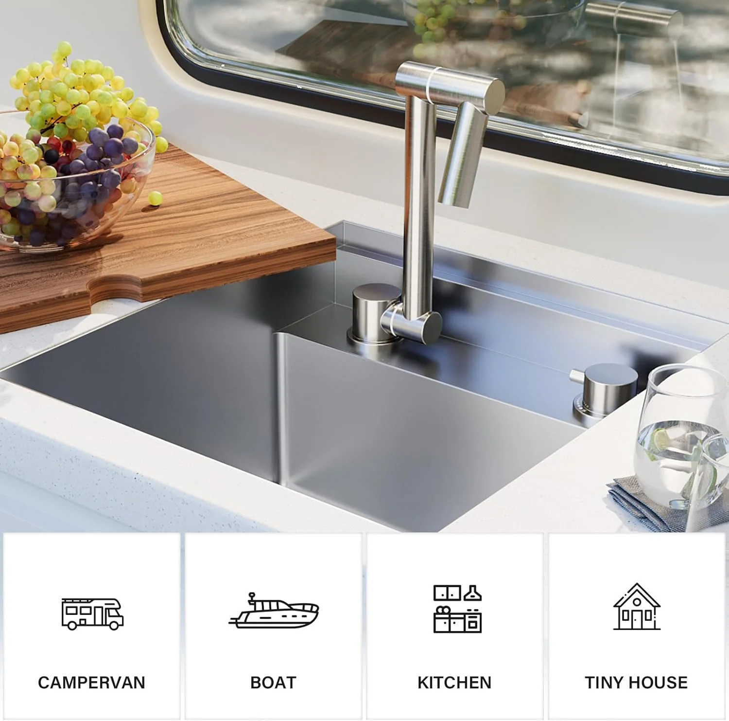 سینک ظرفشویی آشپزخانه RV توروا، 40 x 43 x 23 سانتی متر، سینک زیرکابینتی استیل تک لگنه با شیر و تخته برش، خاکستری
