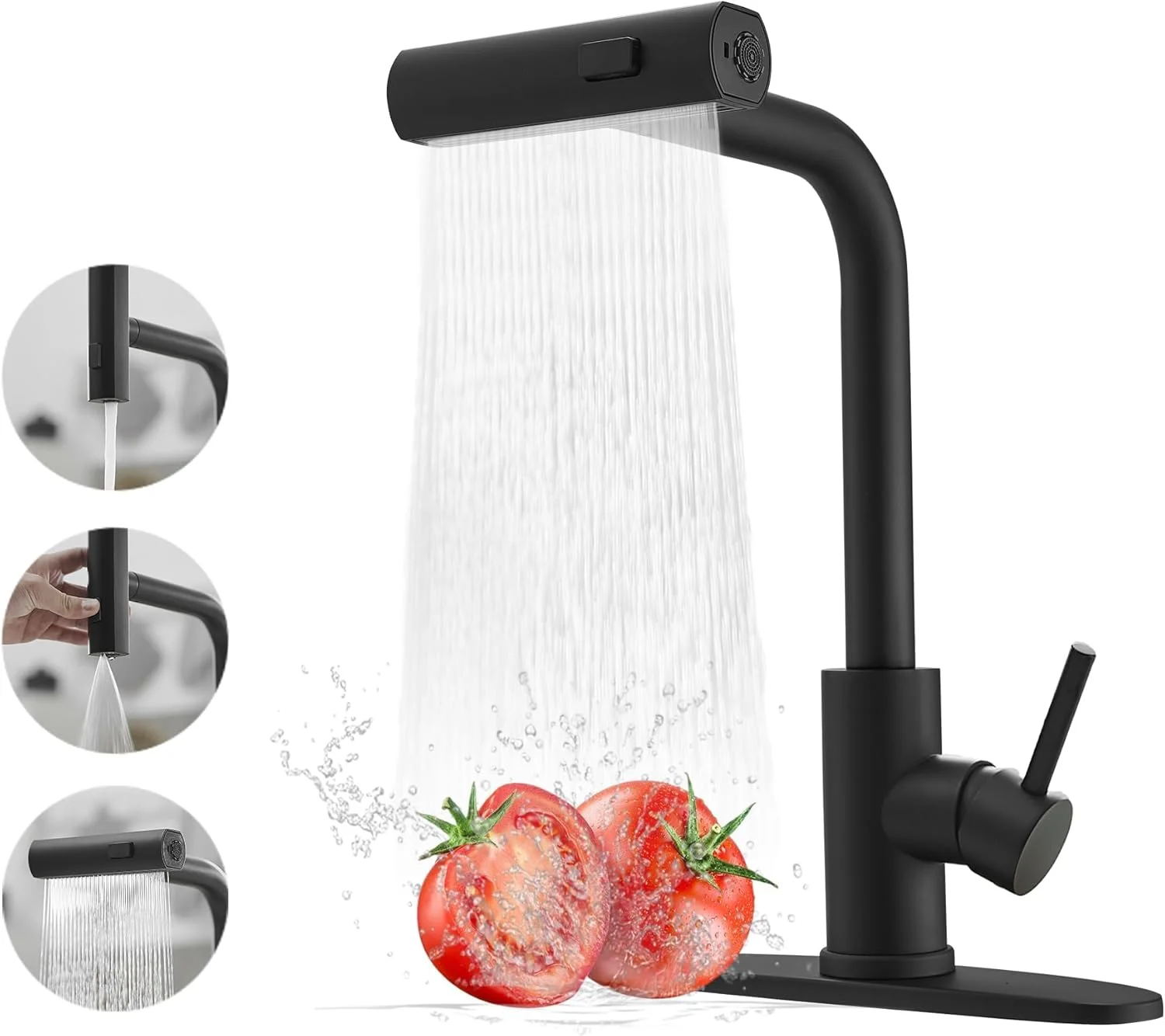 شیر آشپزخانه با اسپری کشویی، شیر سینک آبشاری 3 حالته، شیر کاربردی استیل ضد زنگ، شیر تک دستگیره برای سینک آشپزخانه، طراحی مدرن، مشکی مات