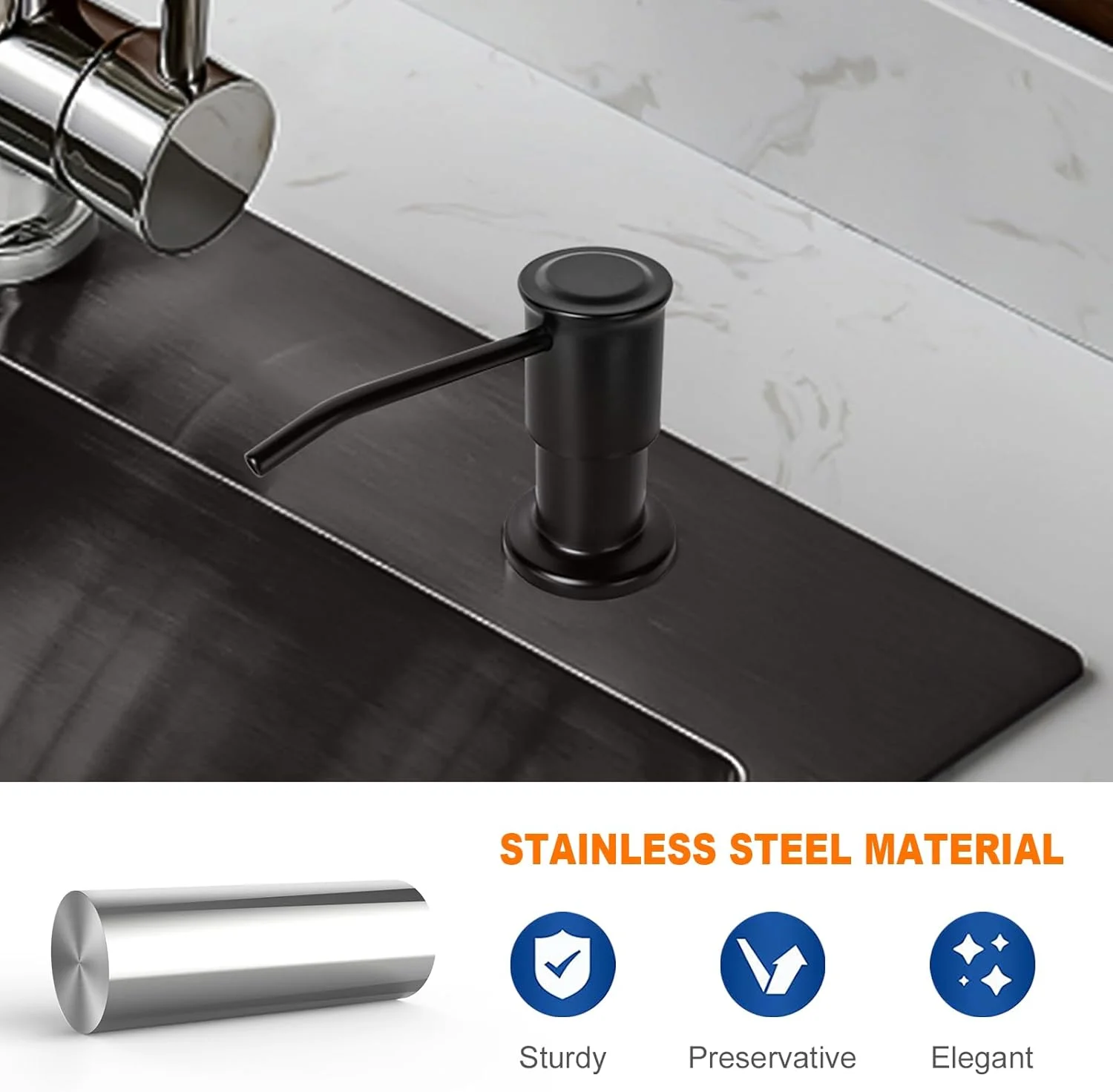 جامایع ظرفشویی توکار مشکی ایبرگریف مدل M34040B، جامایع رومیزی با بطری 500 میلی لیتری و کیت لوله افزایش طول 100 سانتی متری، استیل ضد زنگ