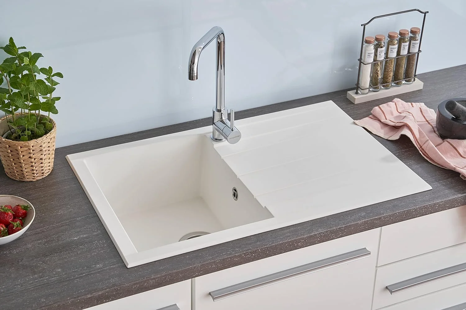 سینک گرانیتی رسپکتا هوستون مدل سفید / سینک تک لگنه توکار 80x50 سانتی متر / مناسب برای کابینت های زیر سینک با عرض 50 سانتی متر، سفید