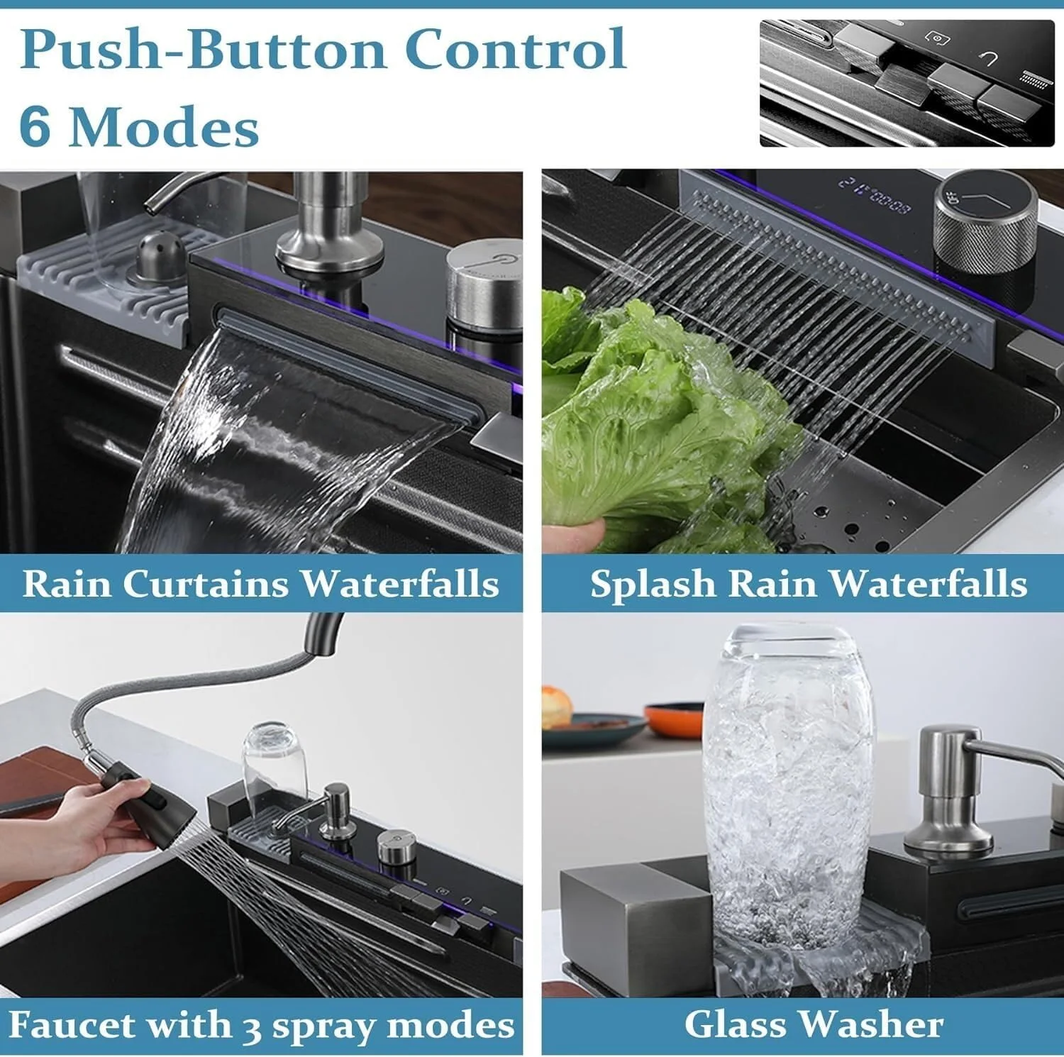 سینک ظرفشویی استیل ضد زنگ PASPRT Drop - سینک مدرن روکار تک لگنه 29.5 اینچی با نمایشگر LED دما، تخته برش، طراحی آبشاری