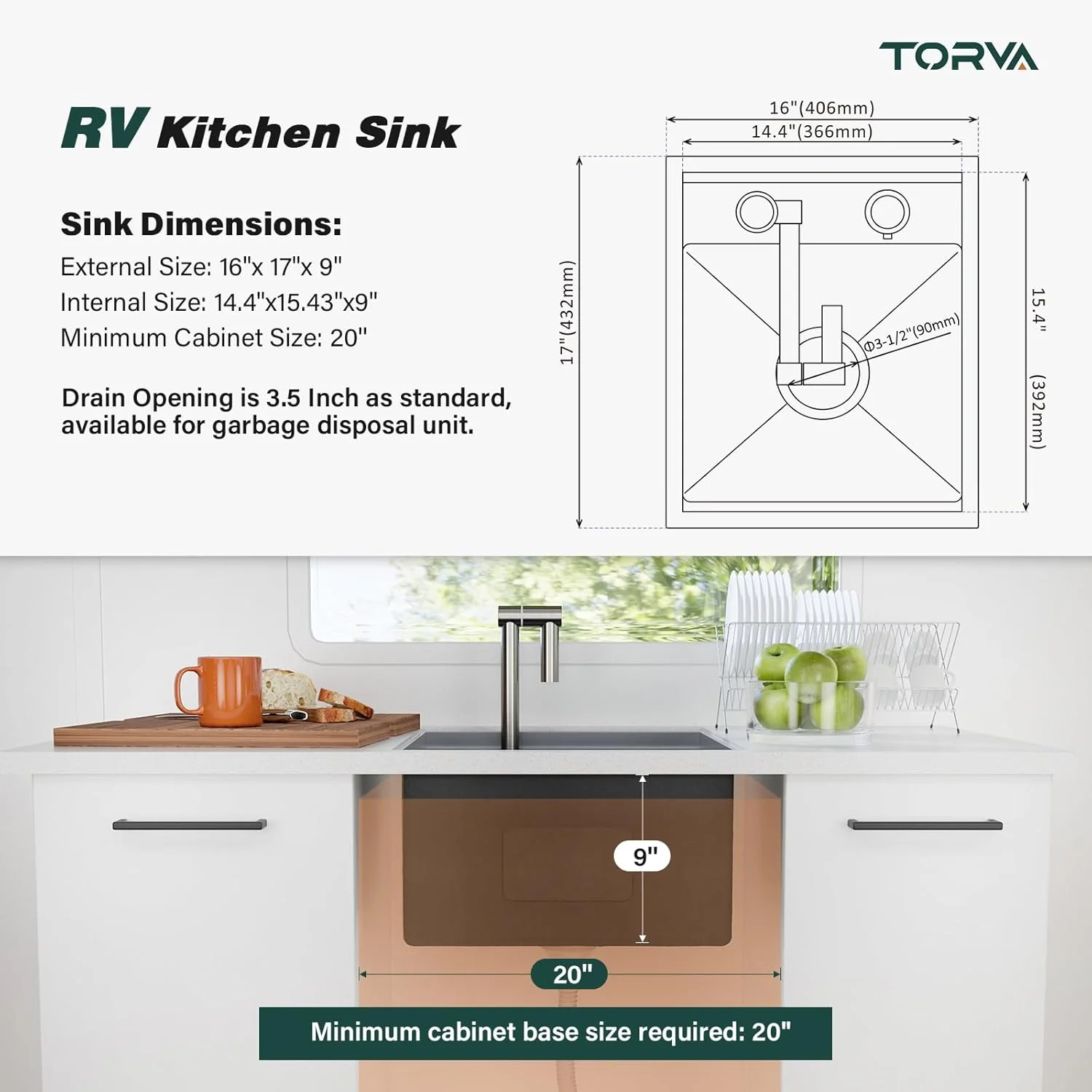 سینک ظرفشویی آشپزخانه RV توروا، 40 x 43 x 23 سانتی متر، سینک زیرکابینتی استیل تک لگنه با شیر و تخته برش، خاکستری