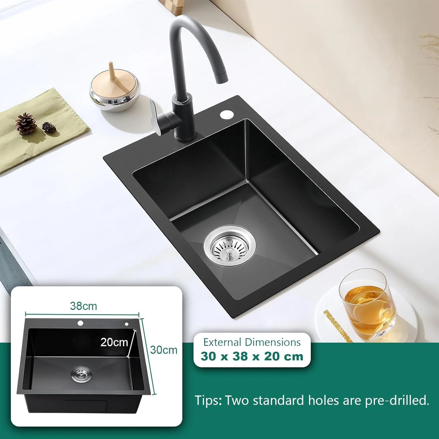 سینک استیل مشکی Ecoxsnz، 30 در 38 سانتی متر، سینک تک لگنه توکار، سینک ظرفشویی کوچک با سوراخ شیرآلات، سینک ظرفشویی دو سوراخه (مشکی، 30 در 38 سانتی متر)