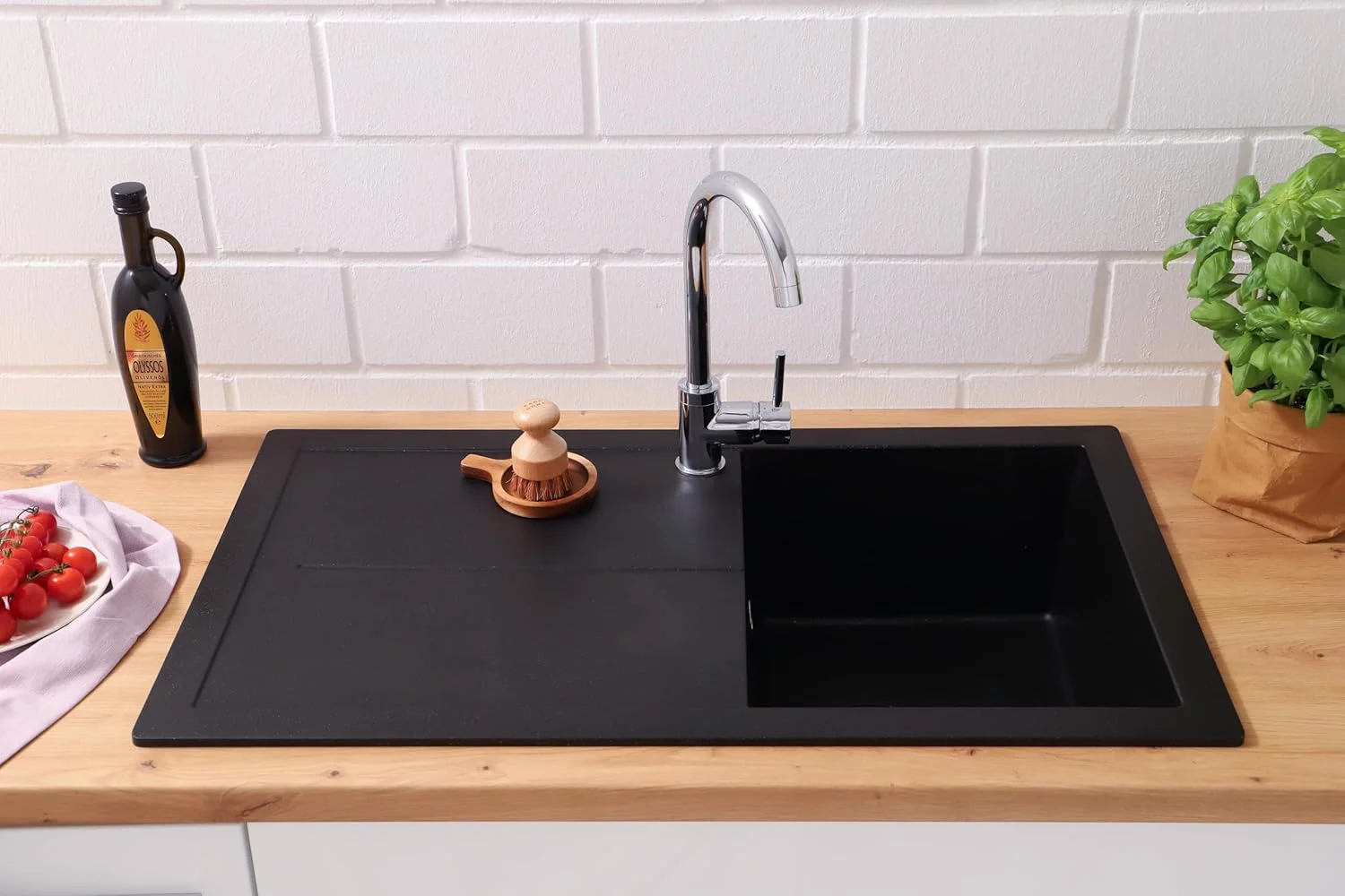 سینک گرانیتی مشکی Respekta Cleveland / سینک تک لگنه توکار 86x50 سانتی متر / مناسب برای کابینت های زیر سینک با عرض 50 سانتی متر