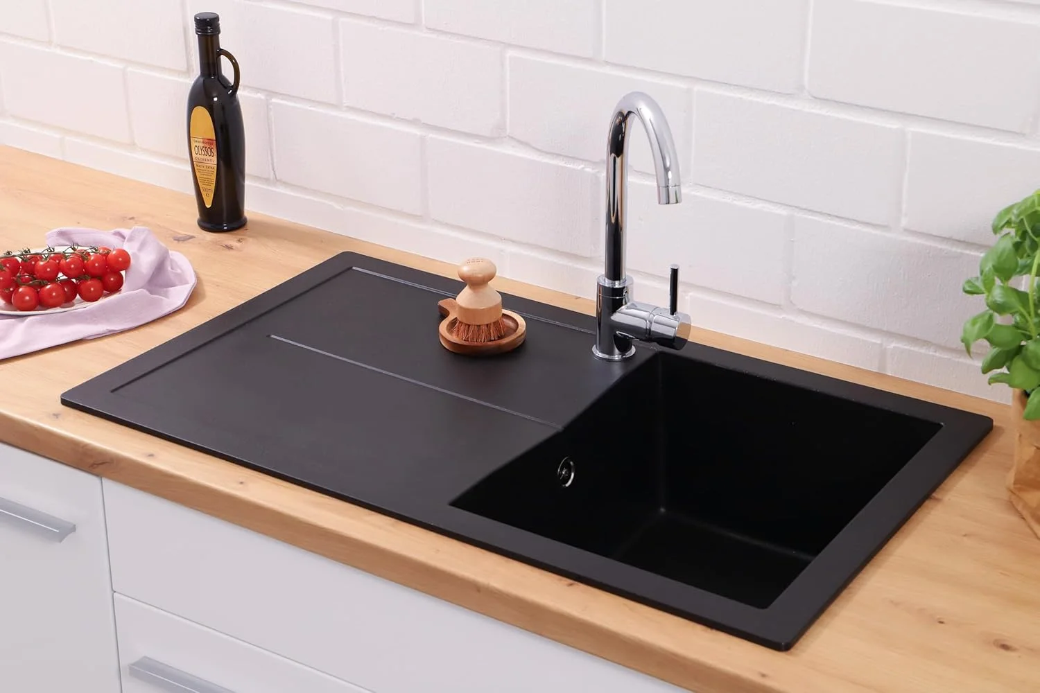 سینک گرانیتی مشکی Respekta Cleveland / سینک تک لگنه توکار 86x50 سانتی متر / مناسب برای کابینت های زیر سینک با عرض 50 سانتی متر