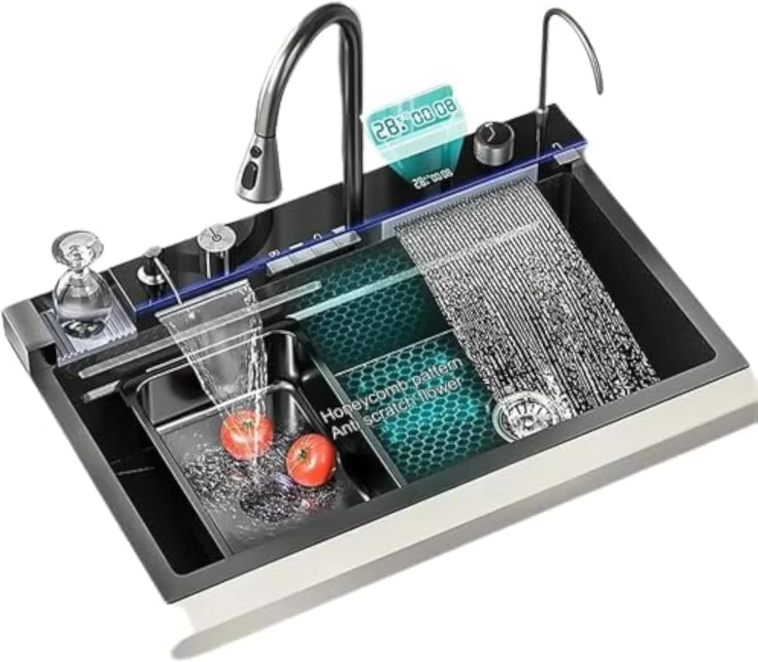 سینک ظرفشویی هوشمند آشپزخانه با شیر، صافی و ارگانایزر - سینک ظرفشویی استیل ضد زنگ با تخلیه، نگهدارنده اسفنج و لوازم جانبی - ارگانایزر سینک ظرفشویی مدرن با ویژگی های چند منظوره