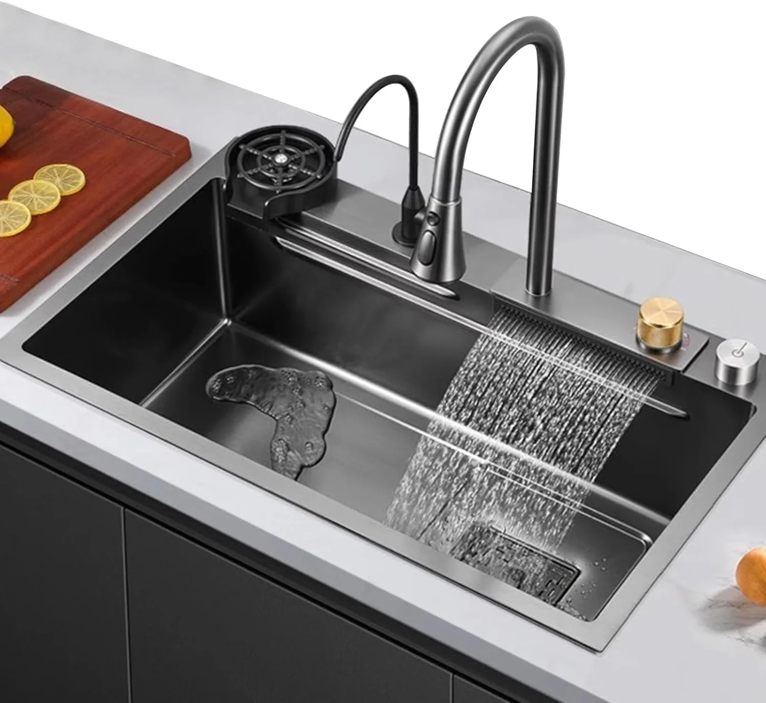 سینک ظرفشویی استیل آبشاری مشکی 75 سانتی متری تک لگن مدرن آشپزخانه با لوازم جانبی کامل، 75x45x22 سانتی متر