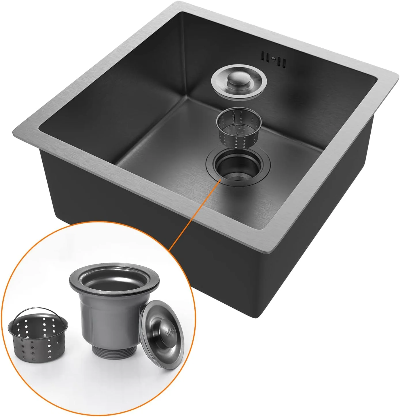 سینک ظرفشویی مشکی استیل ضد زنگ ایبرگریف مدل M84040B، ابعاد 40x40 سانتی متر، سینک ظرفشویی توکار، سینک ظرفشویی تک لگنه روکار به همراه اتصالات تخلیه