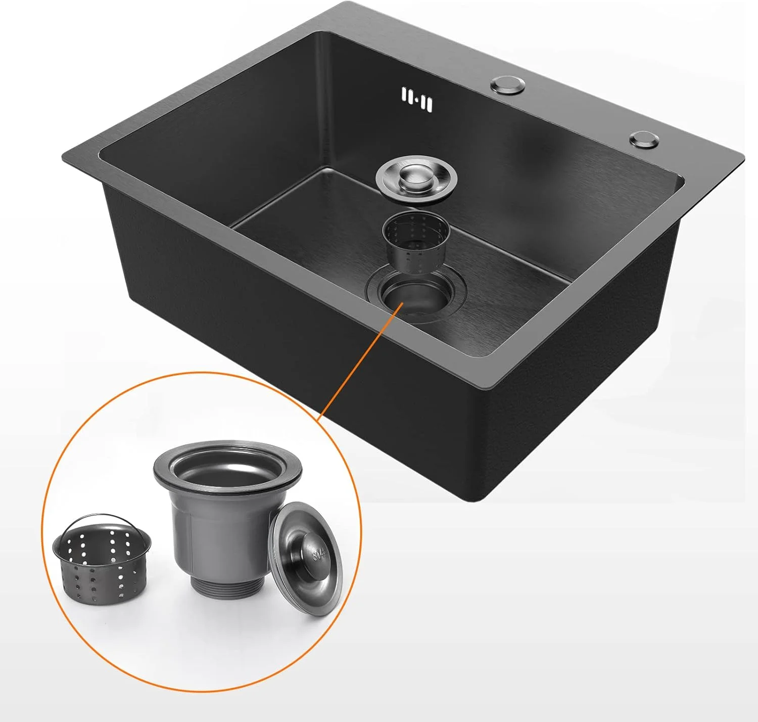 سینک ظرفشویی تک لگن مستطیلی مشکی ایبرگریف مدل M85545B، سینک استیل ضد زنگ آشپزخانه به همراه اتصالات تخلیه، نصب روکار، دارای سوراخ مایع ظرفشویی، 55x45x19 سانتی متر