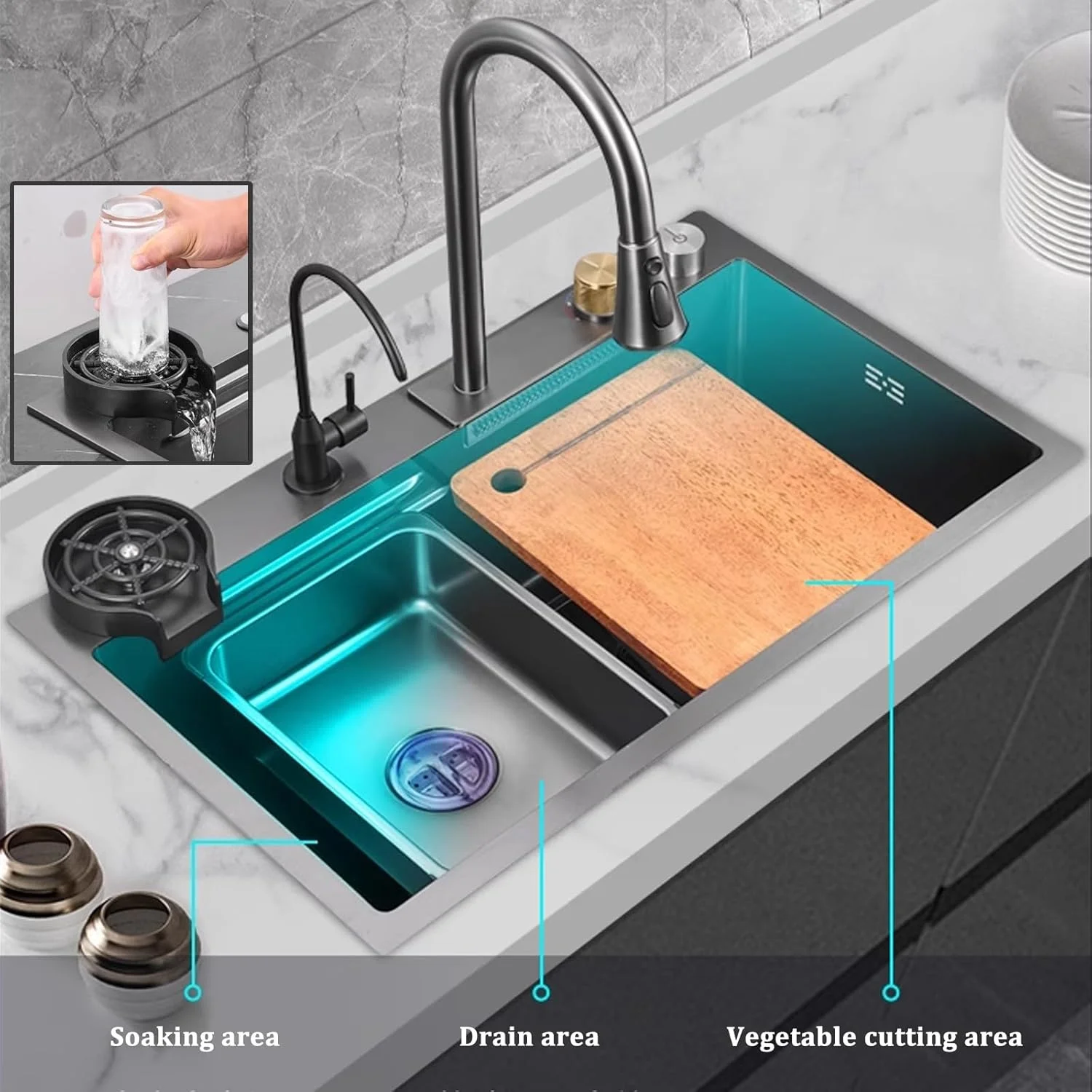 سینک ظرفشویی استیل آبشاری مشکی 75 سانتی متری تک لگن مدرن آشپزخانه با لوازم جانبی کامل، 75x45x22 سانتی متر