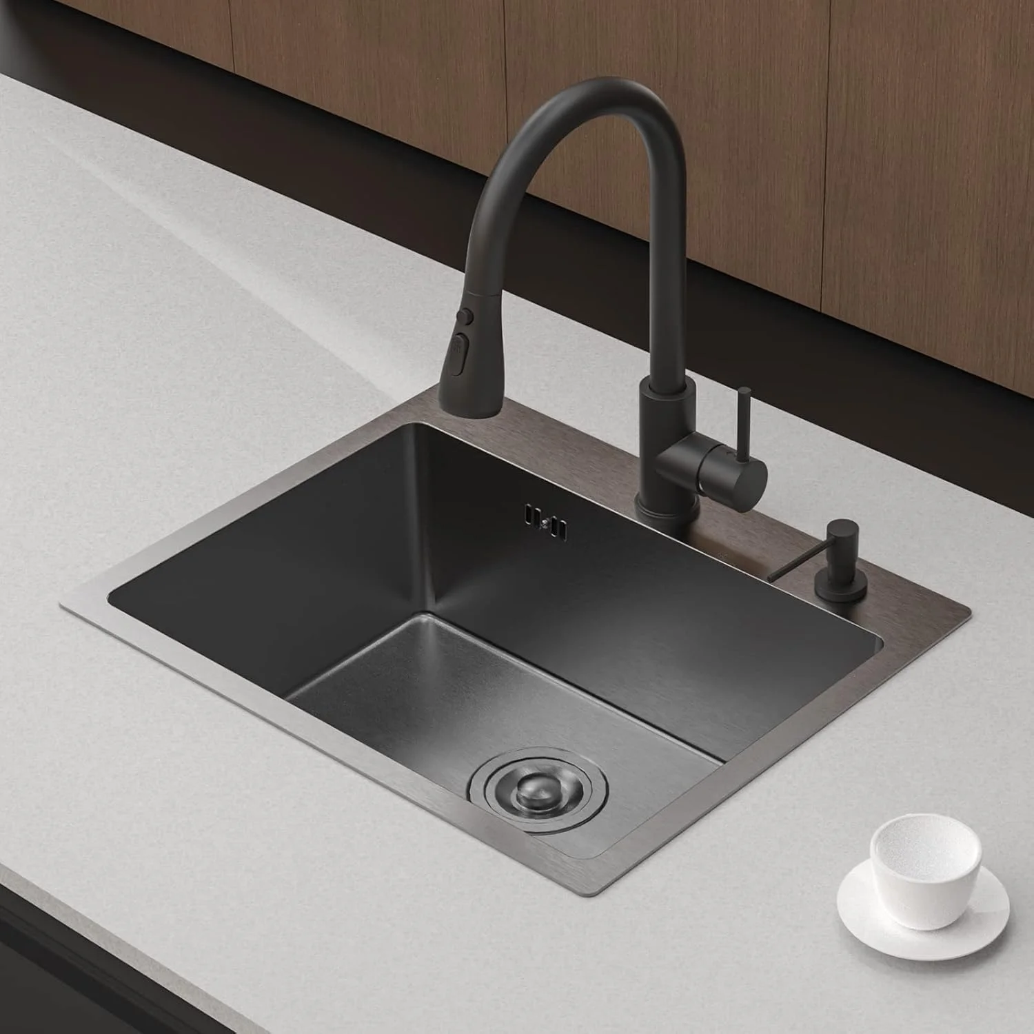 سینک ظرفشویی تک لگن مستطیلی مشکی ایبرگریف مدل M85545B، سینک استیل ضد زنگ آشپزخانه به همراه اتصالات تخلیه، نصب روکار، دارای سوراخ مایع ظرفشویی، 55x45x19 سانتی متر
