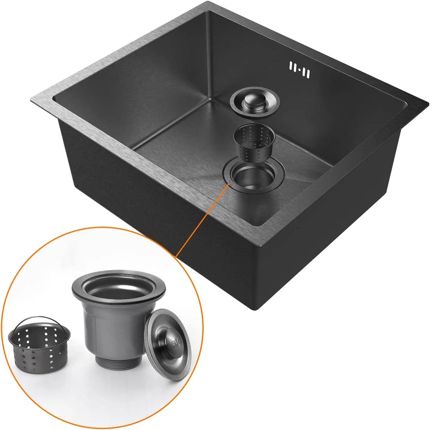 سینک ظرفشویی استیل ضد زنگ مشکی با تخلیه مشکی ایبرگریف مدل M85043B، ابعاد 50x43 سانتی متر، سینک مستطیلی تک لگنه مناسب فضای باز و کمپر، نصب روکار و توکار