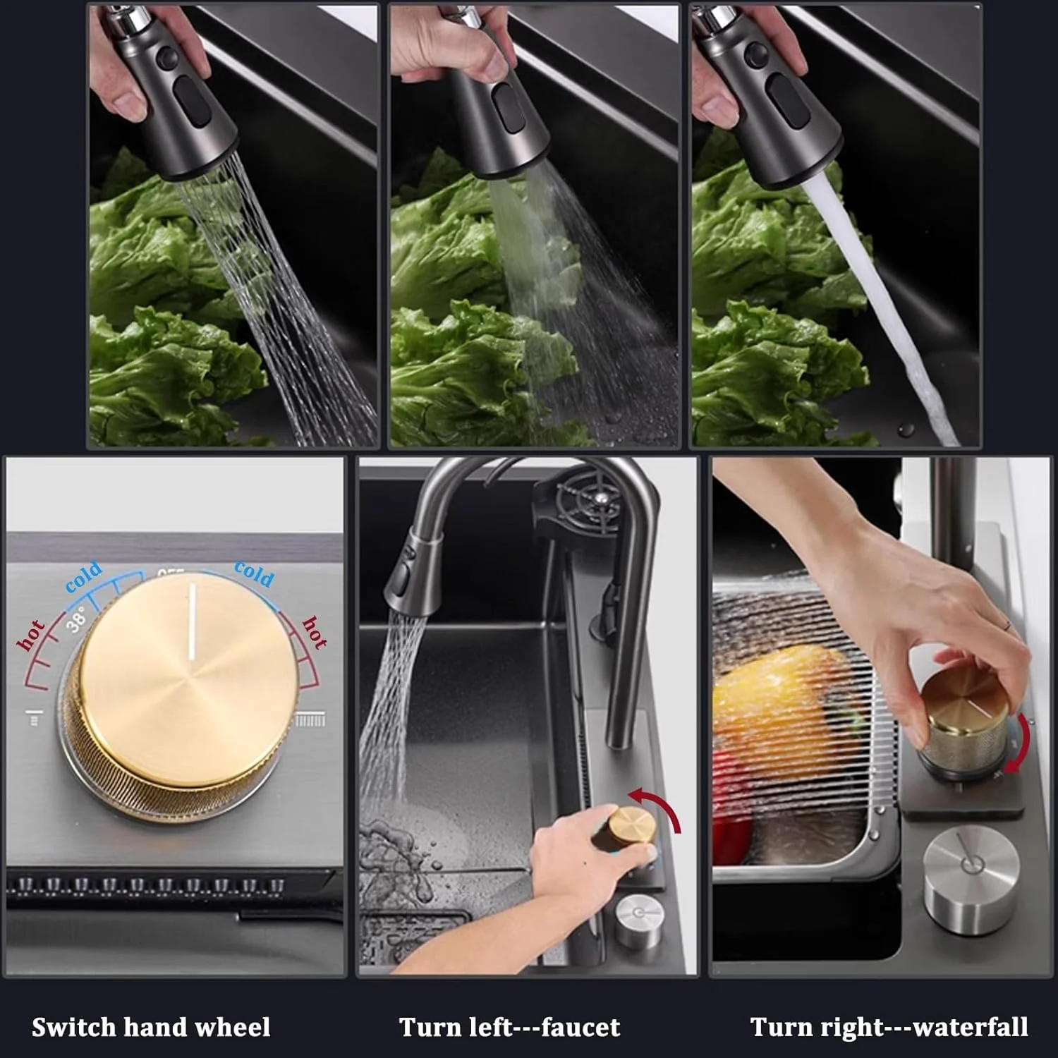 سینک ظرفشویی استیل آبشاری مشکی 75 سانتی متری تک لگن مدرن آشپزخانه با لوازم جانبی کامل، 75x45x22 سانتی متر