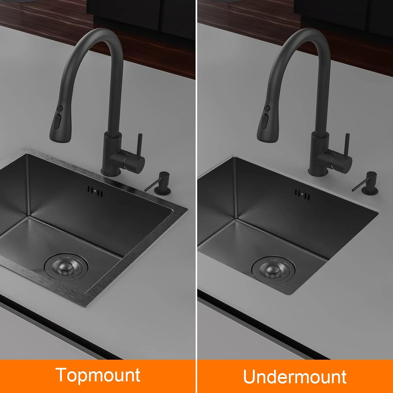 سینک ظرفشویی استیل ضد زنگ مشکی با تخلیه مشکی ایبرگریف مدل M85043B، ابعاد 50x43 سانتی متر، سینک مستطیلی تک لگنه مناسب فضای باز و کمپر، نصب روکار و توکار