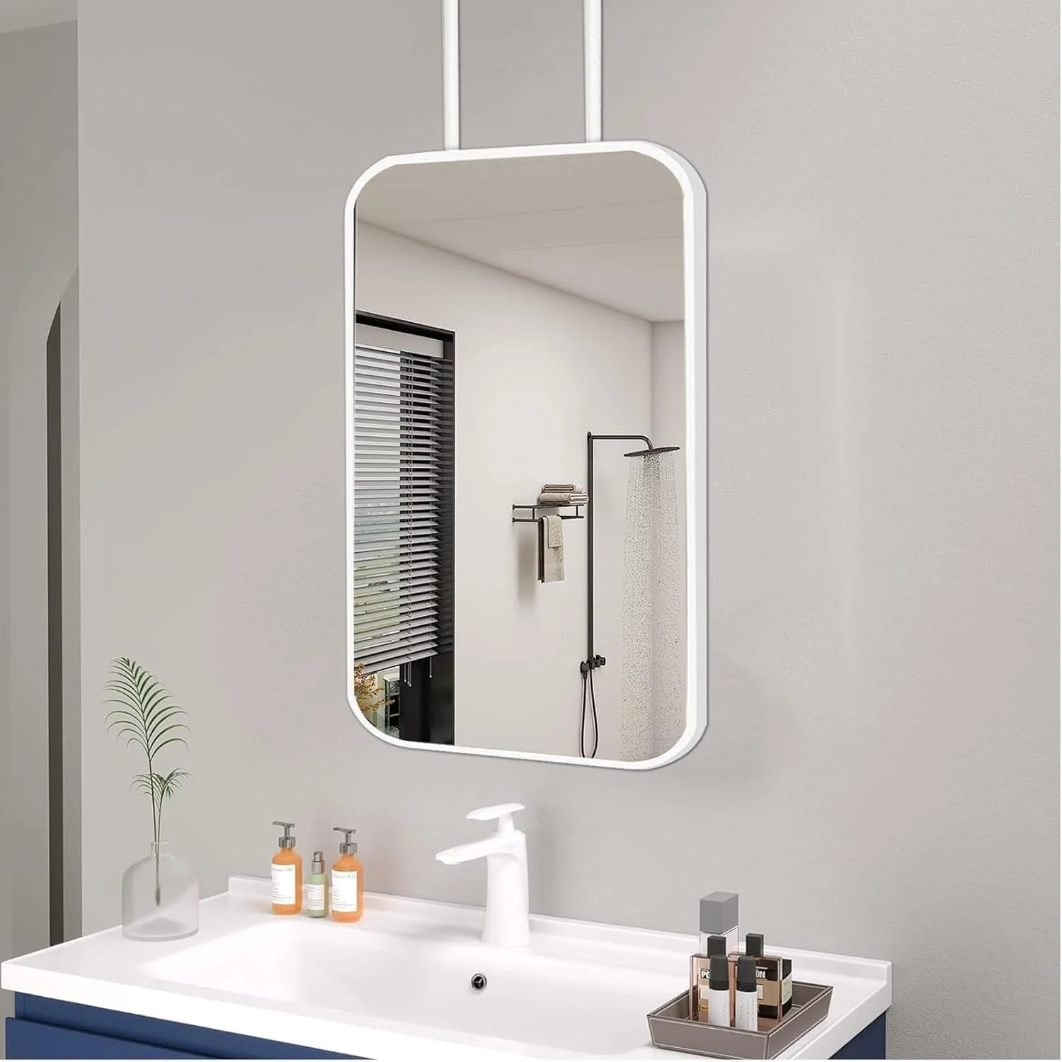 آینه مستطیلی با قاب فلزی سفید، قابل نصب روی دیوار، آینه آرایشی حمام، آینه شناور تزئینی، آینه آویز سقفی برای حمام، اتاق نشیمن (40cmx60cm) آینه مستطیلی با قاب فلزی سفید، قابل نصب روی دیوار، آینه آرایشی حمام، آینه شناور تزئینی، آینه آویز سقفی برای حمام، اتاق نشیمن (40cmx60cm)