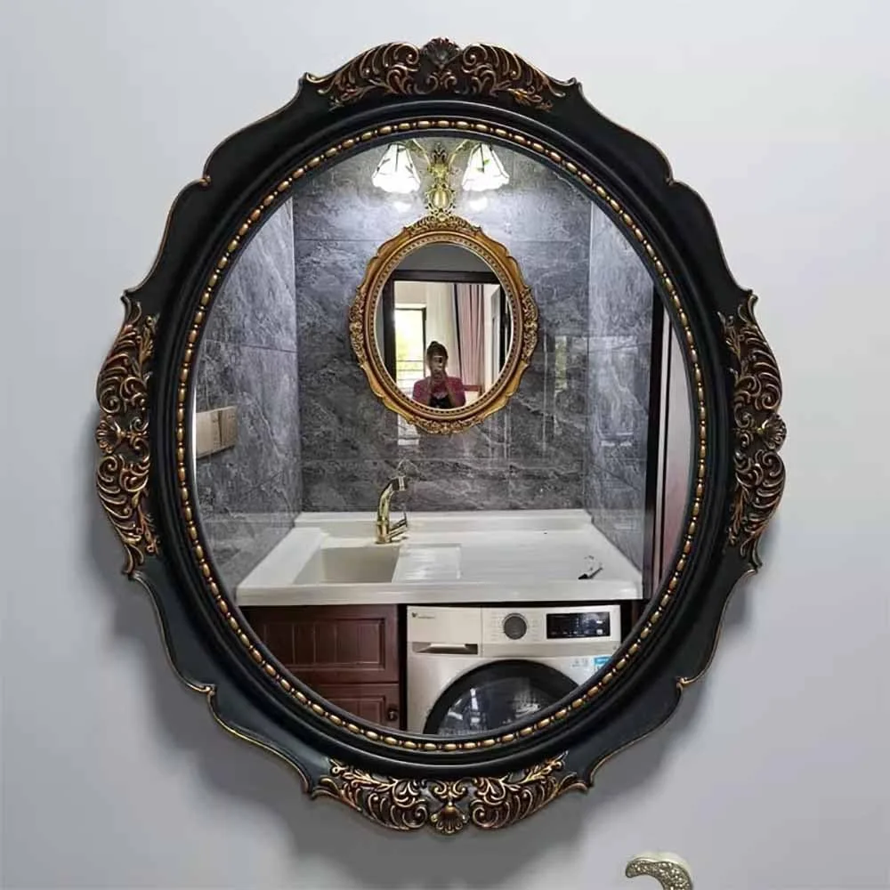 آینه دیواری عتیقه V PARTY بیضی شکل 74x61 سانتی متر، آینه تزئینی به سبک اروپایی و وینتیج، مناسب خانه های روستایی، سنتی و دکوراتیو برای حمام/اتاق نشیمن/شومینه/ورودی/میز آرایش (مشکی)