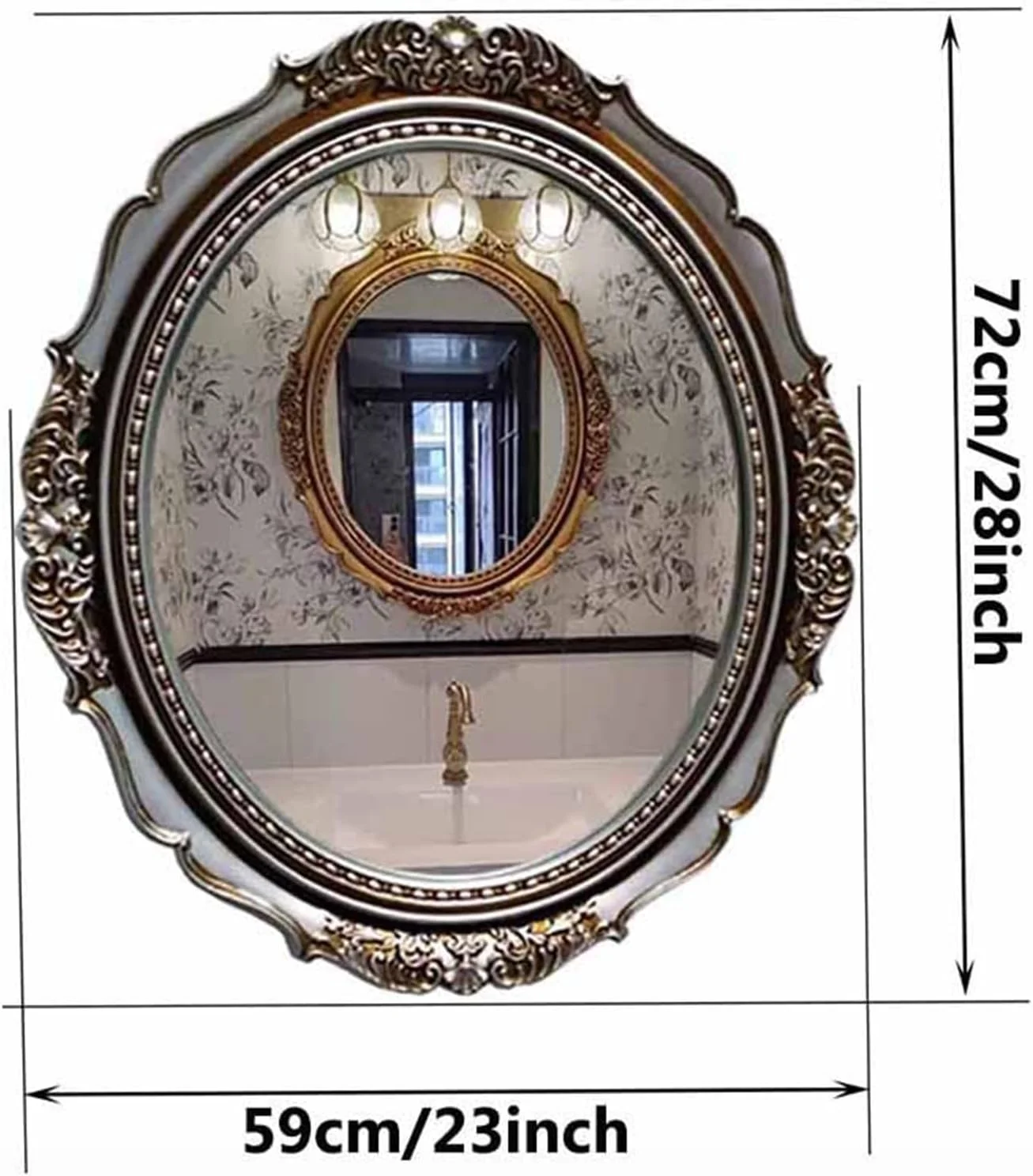 آینه دیواری عتیقه V PARTY بیضی شکل 74x61 سانتی متر، آینه تزئینی به سبک اروپایی و وینتیج، مناسب خانه های روستایی، سنتی و دکوراتیو برای حمام/اتاق نشیمن/شومینه/ورودی/میز آرایش (مشکی)