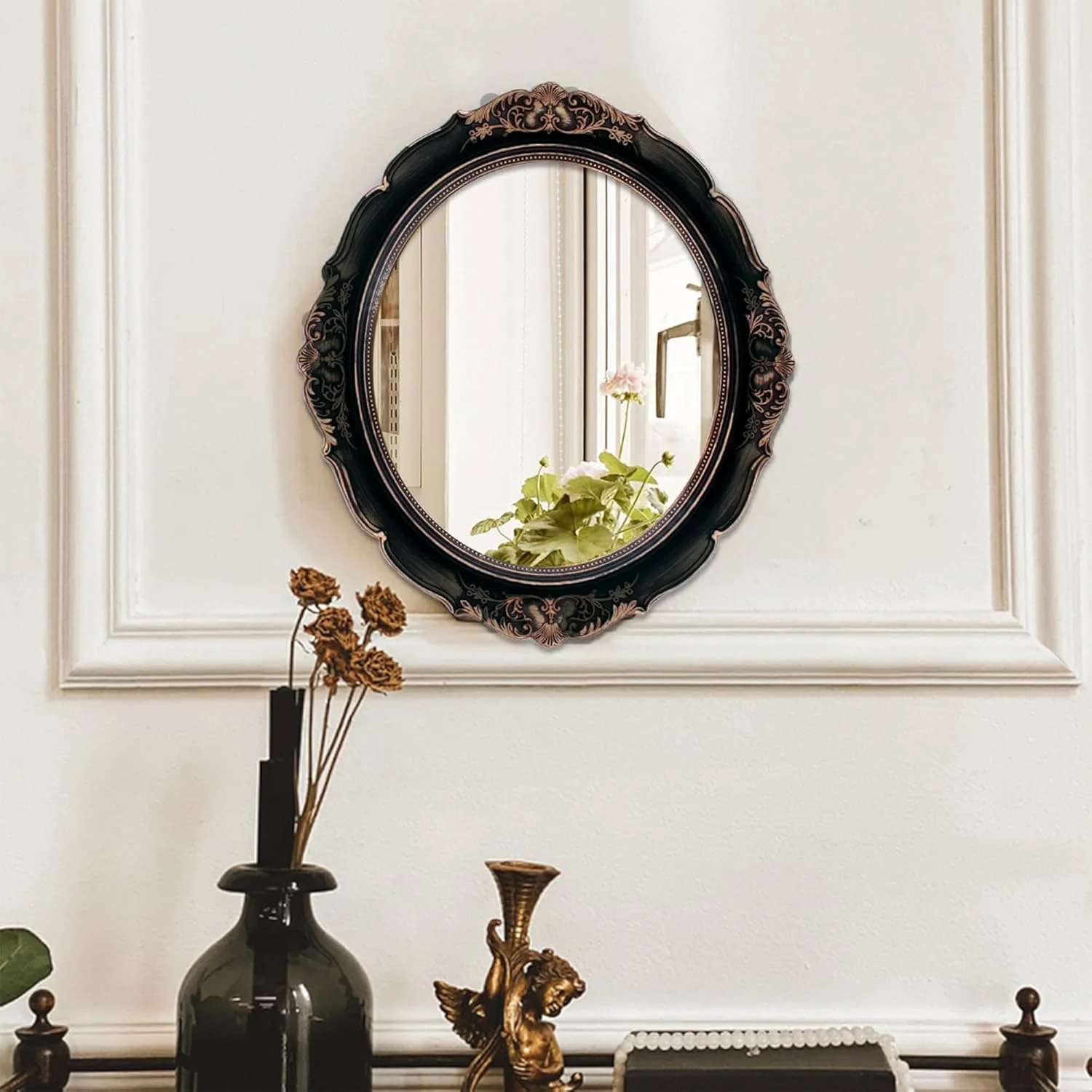 آینه دیواری عتیقه V PARTY بیضی شکل 74x61 سانتی متر، آینه تزئینی به سبک اروپایی و وینتیج، مناسب خانه های روستایی، سنتی و دکوراتیو برای حمام/اتاق نشیمن/شومینه/ورودی/میز آرایش (مشکی)