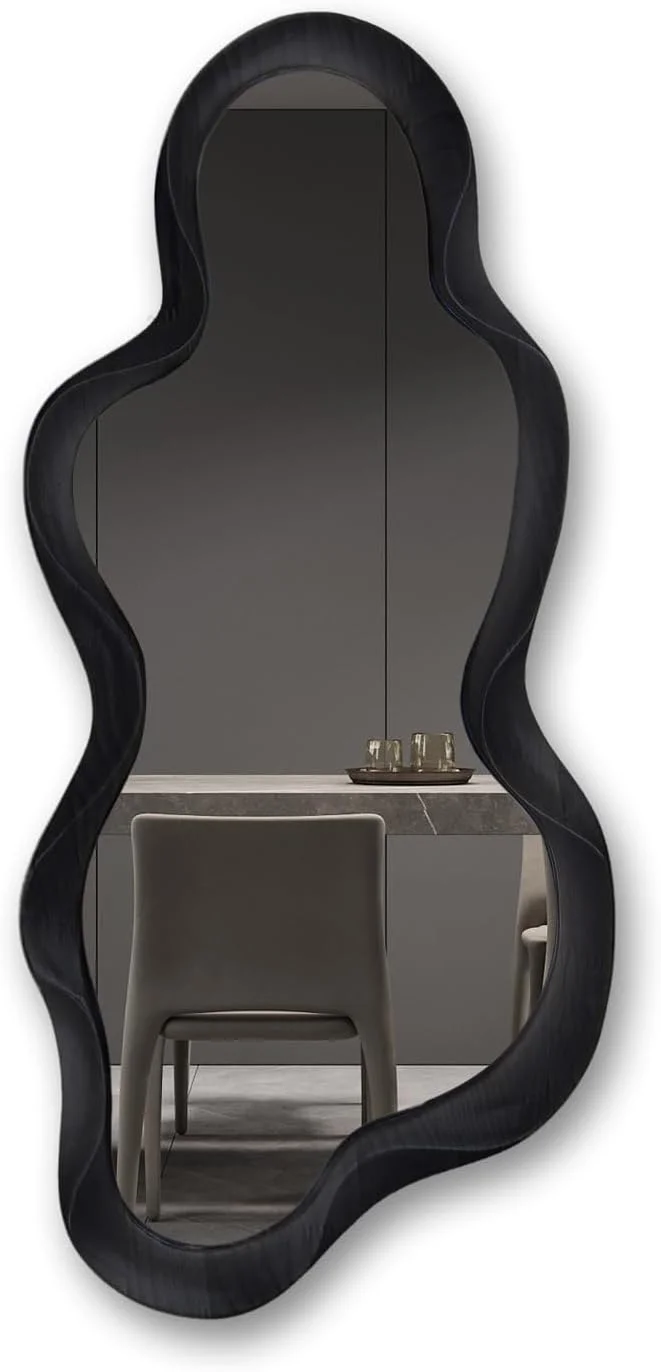 آینه دیواری نامنظم Osemy، 76x35.5 سانتی متر، آینه موجی نامتقارن دیواری با قاب چوبی مشکی برای اتاق نشیمن، اتاق خواب، ورودی، حمام، دکوراتیو مدرن با قلاب آویز