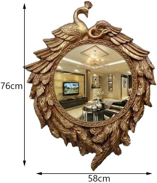 آینه آرایشی گرد NVJKPOY، آینه دیواری طلایی عتیقه، آینه تزئینی لوکس اتاق نشیمن، استودیو، طرح طاووس، اندازه 76 * 58 سانتی متر، سبک های متنوع