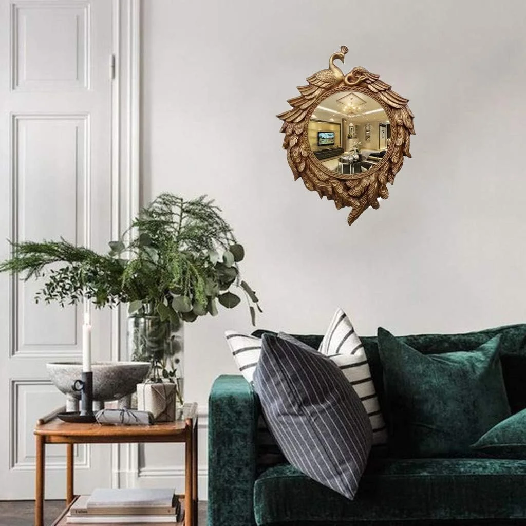 آینه آرایشی گرد NVJKPOY، آینه دیواری طلایی عتیقه، آینه تزئینی لوکس اتاق نشیمن، استودیو، طرح طاووس، اندازه 76 * 58 سانتی متر، سبک های متنوع