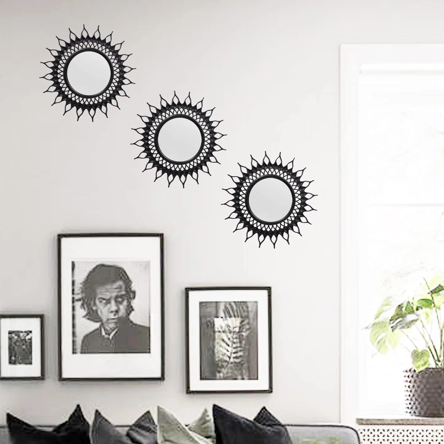 آینه دیواری OIGUMR، بسته 3 عددی، آینه های تزئینی (مشکی 01)