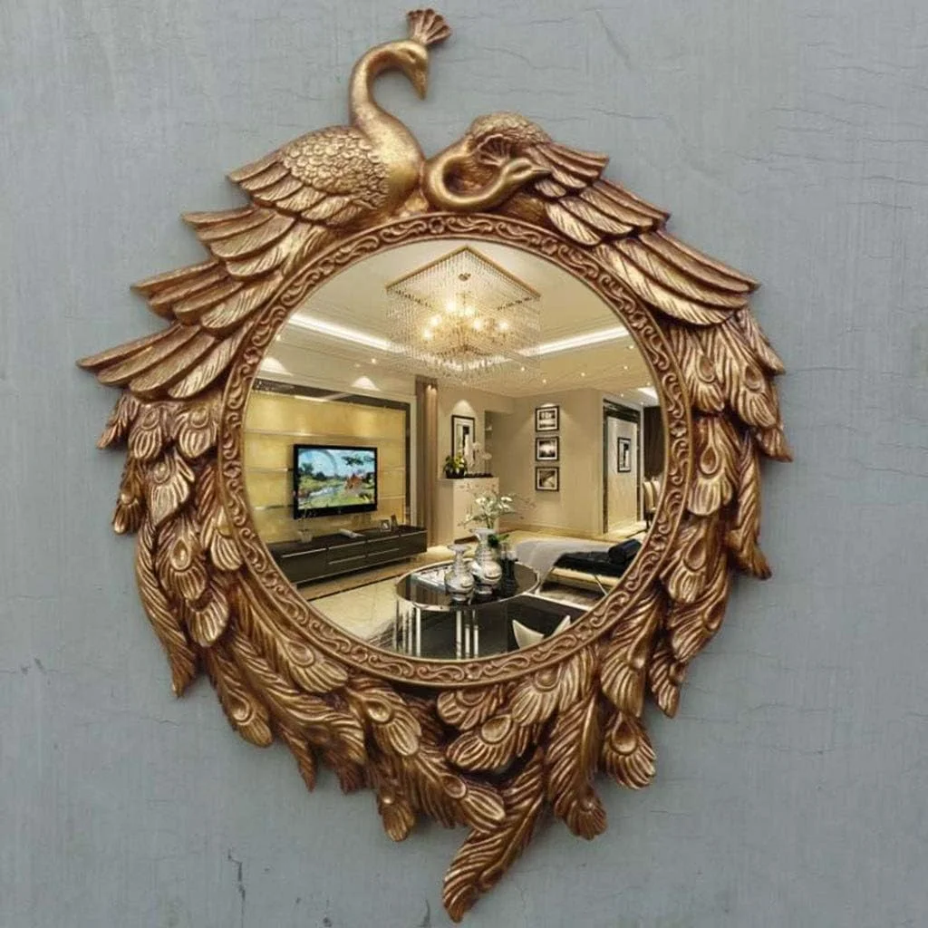 آینه آرایشی گرد NVJKPOY، آینه دیواری طلایی عتیقه، آینه تزئینی لوکس اتاق نشیمن، استودیو، طرح طاووس، اندازه 76 * 58 سانتی متر، سبک های متنوع