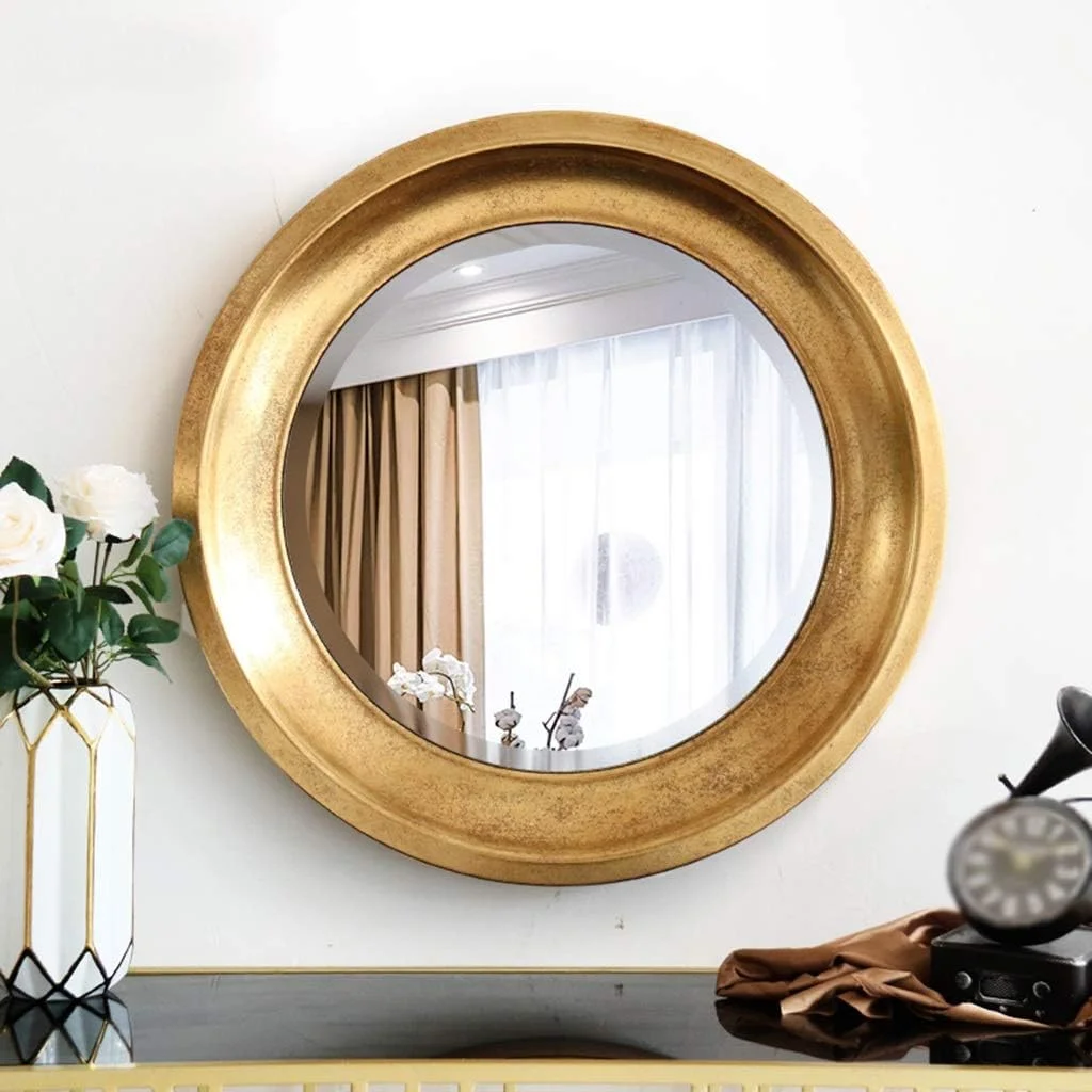 آینه تزئینی طلایی ورودی NVJKPOY، آینه گرد برای کتابفروشی، کافی شاپ، آینه دیواری اتاق نشیمن، لوازم دکوری شیک منزل، 71 * 71 سانتی متر، سبک های متنوع