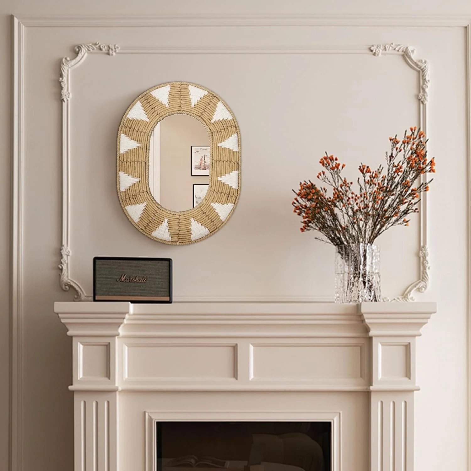 آینه دیواری بیضی شکل Oairse، آینه دیواری حصیری، آینه تزئینی مدرن بوهو با قلاب های فلزی، دکوراسیون دیواری بوهو، آینه راهرو، آینه آویز دیواری تزئینی برای حمام، ورودی، نشیمن