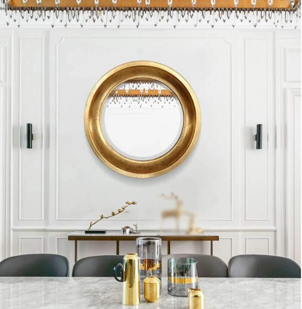 آینه تزئینی طلایی ورودی NVJKPOY، آینه گرد برای کتابفروشی، کافی شاپ، آینه دیواری اتاق نشیمن، لوازم دکوری شیک منزل، 71 * 71 سانتی متر، سبک های متنوع