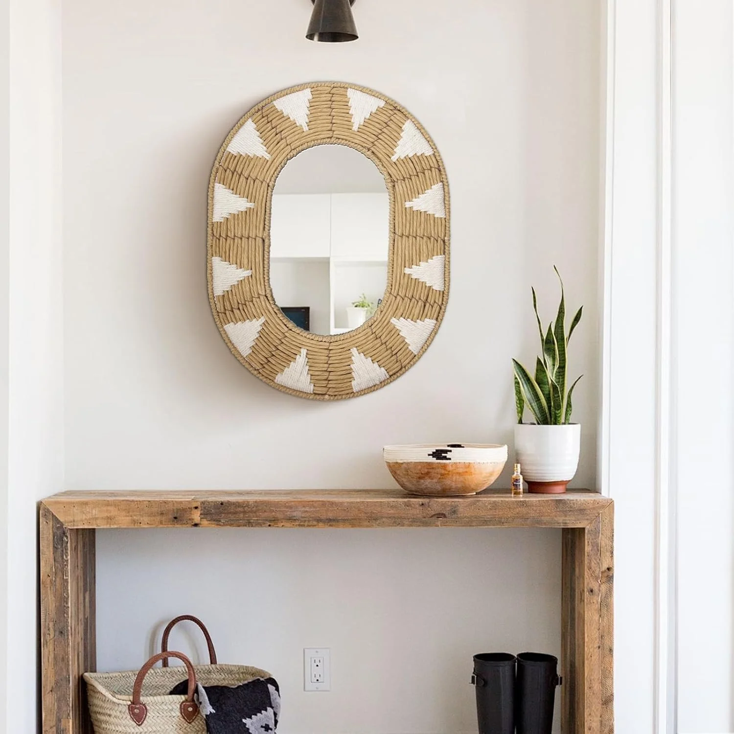 آینه دیواری بیضی شکل Oairse، آینه دیواری حصیری، آینه تزئینی مدرن بوهو با قلاب های فلزی، دکوراسیون دیواری بوهو، آینه راهرو، آینه آویز دیواری تزئینی برای حمام، ورودی، نشیمن