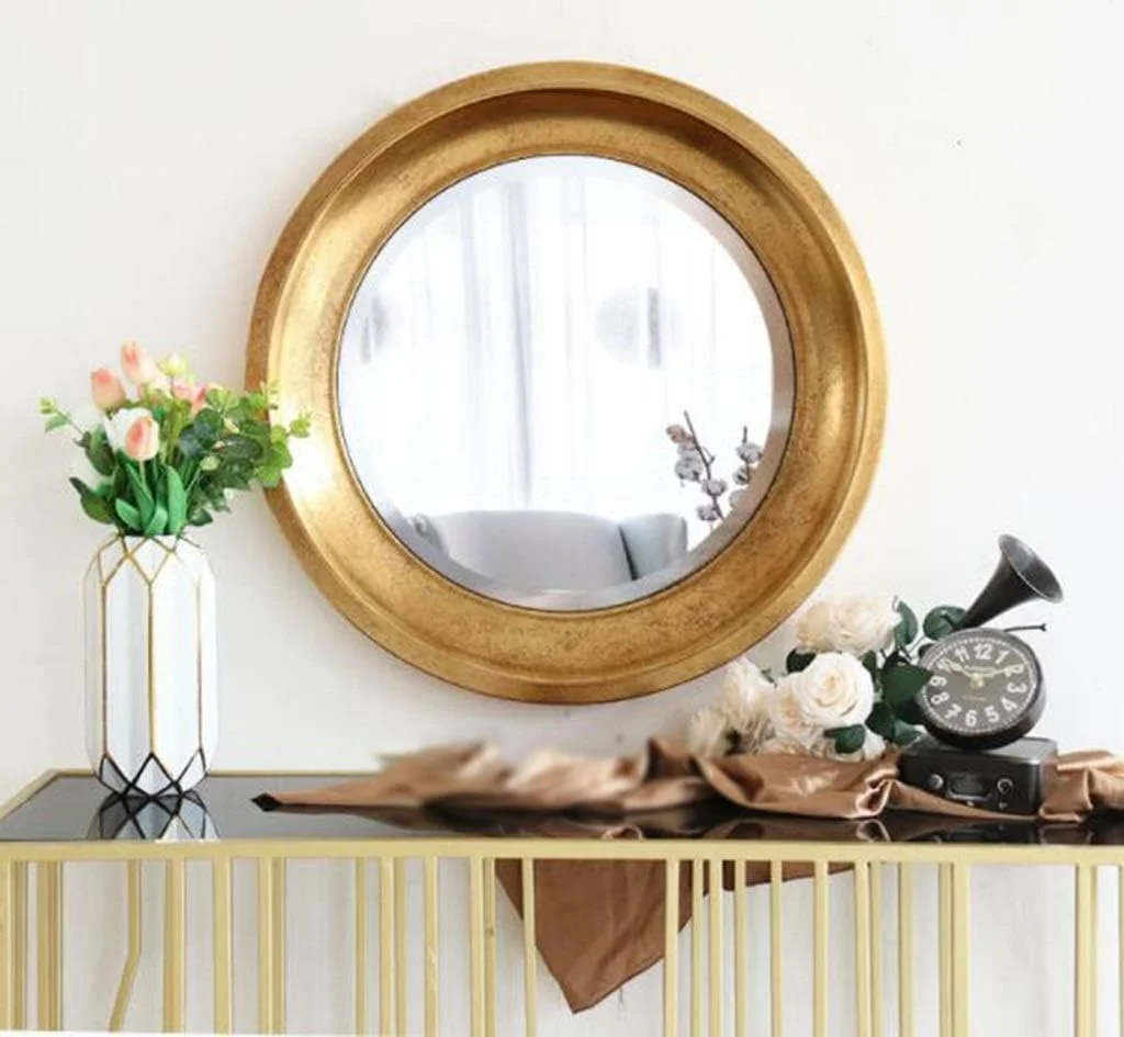 آینه تزئینی طلایی ورودی NVJKPOY، آینه گرد برای کتابفروشی، کافی شاپ، آینه دیواری اتاق نشیمن، لوازم دکوری شیک منزل، 71 * 71 سانتی متر، سبک های متنوع