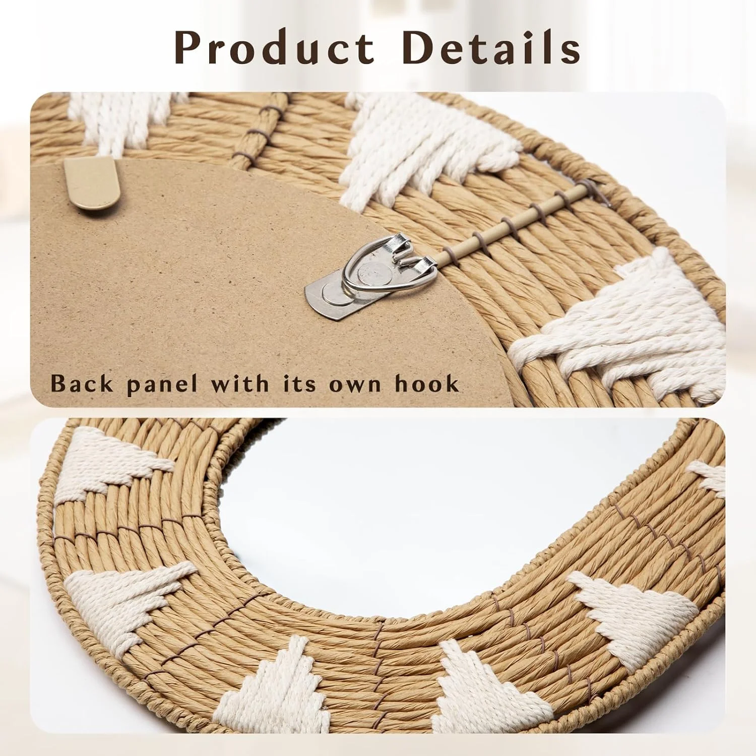 آینه دیواری بیضی شکل Oairse، آینه دیواری حصیری، آینه تزئینی مدرن بوهو با قلاب های فلزی، دکوراسیون دیواری بوهو، آینه راهرو، آینه آویز دیواری تزئینی برای حمام، ورودی، نشیمن