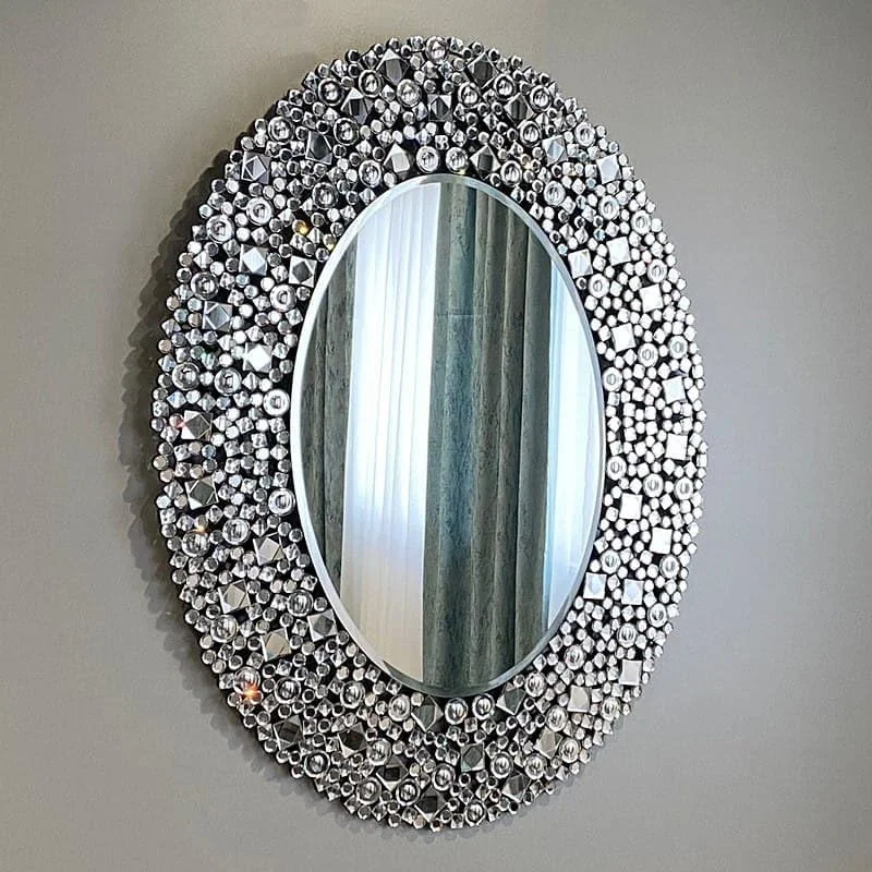 آینه دیواری بیضی با قاب کریستالی موزاییکی، 120 سانتی متر، طراحی تزئینی مدرن، نقره ای آینه دیواری بیضی با قاب کریستالی موزاییکی، 120 سانتی متر، طراحی تزئینی مدرن، نقره ای