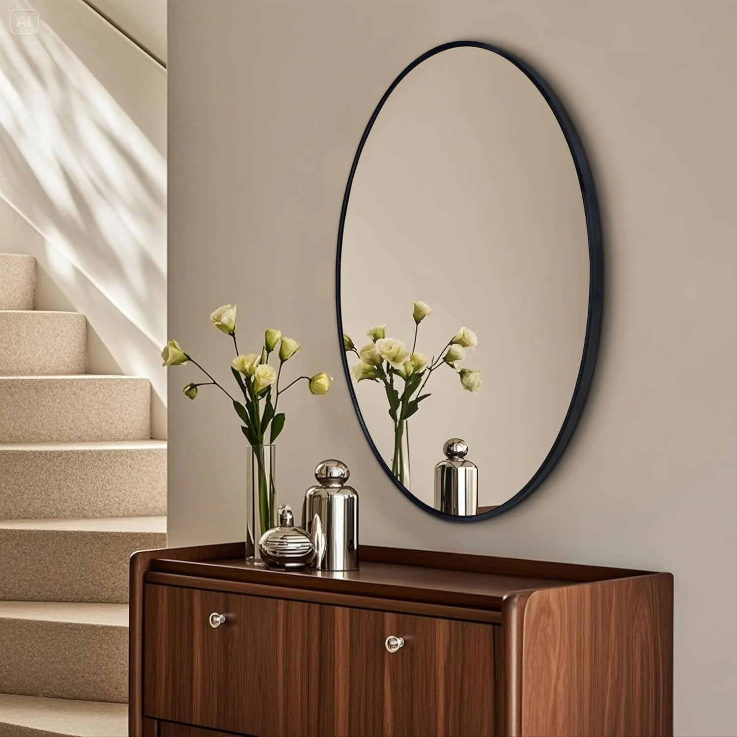 آینه دیواری بیضی مشکی Medla: آینه تزئینی مدرن برای حمام، اتاق خواب یا ورودی - شیشه HD، ضد خرد شدن، قاب آلومینیومی ضد زنگ - آینه روشویی عمودی با قلاب 80x60 سانتی متر