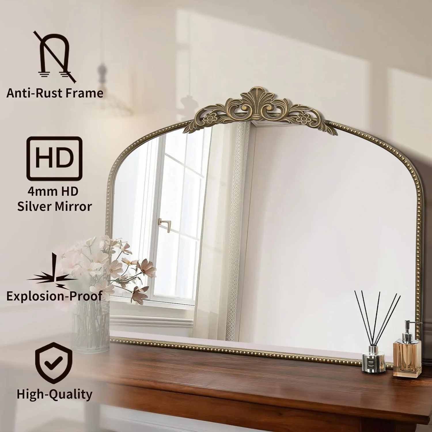 آینه دیواری بزرگ میکاسو مدل آرندال، طرح سنتی و پر نقش و نگار، ابعاد 73 در 91 سانتی متر، رنگ طلایی عتیقه، مناسب برای ورودی، بالای شومینه، اتاق نشیمن، راهرو و حمام