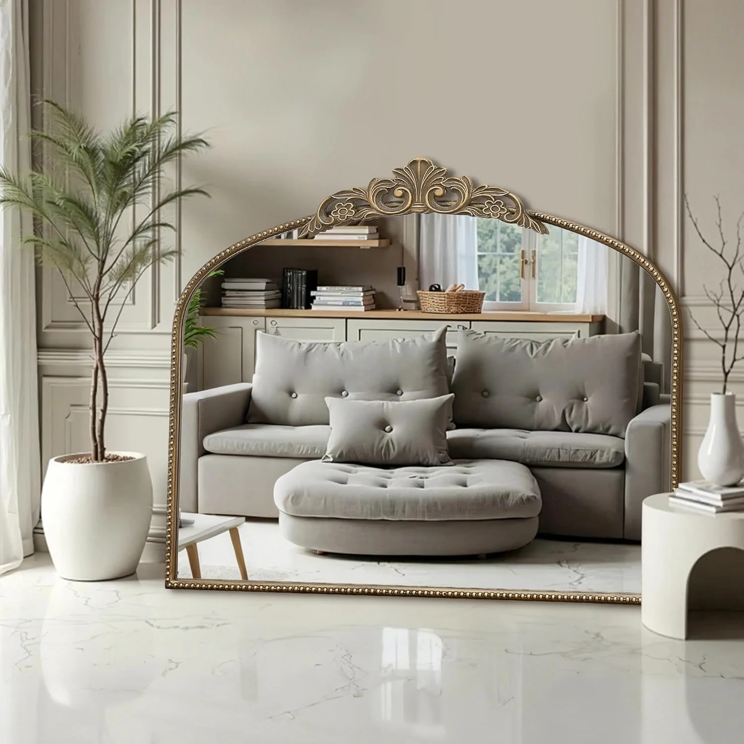 آینه دیواری بزرگ میکاسو مدل آرندال، طرح سنتی و پر نقش و نگار، ابعاد 73 در 91 سانتی متر، رنگ طلایی عتیقه، مناسب برای ورودی، بالای شومینه، اتاق نشیمن، راهرو و حمام