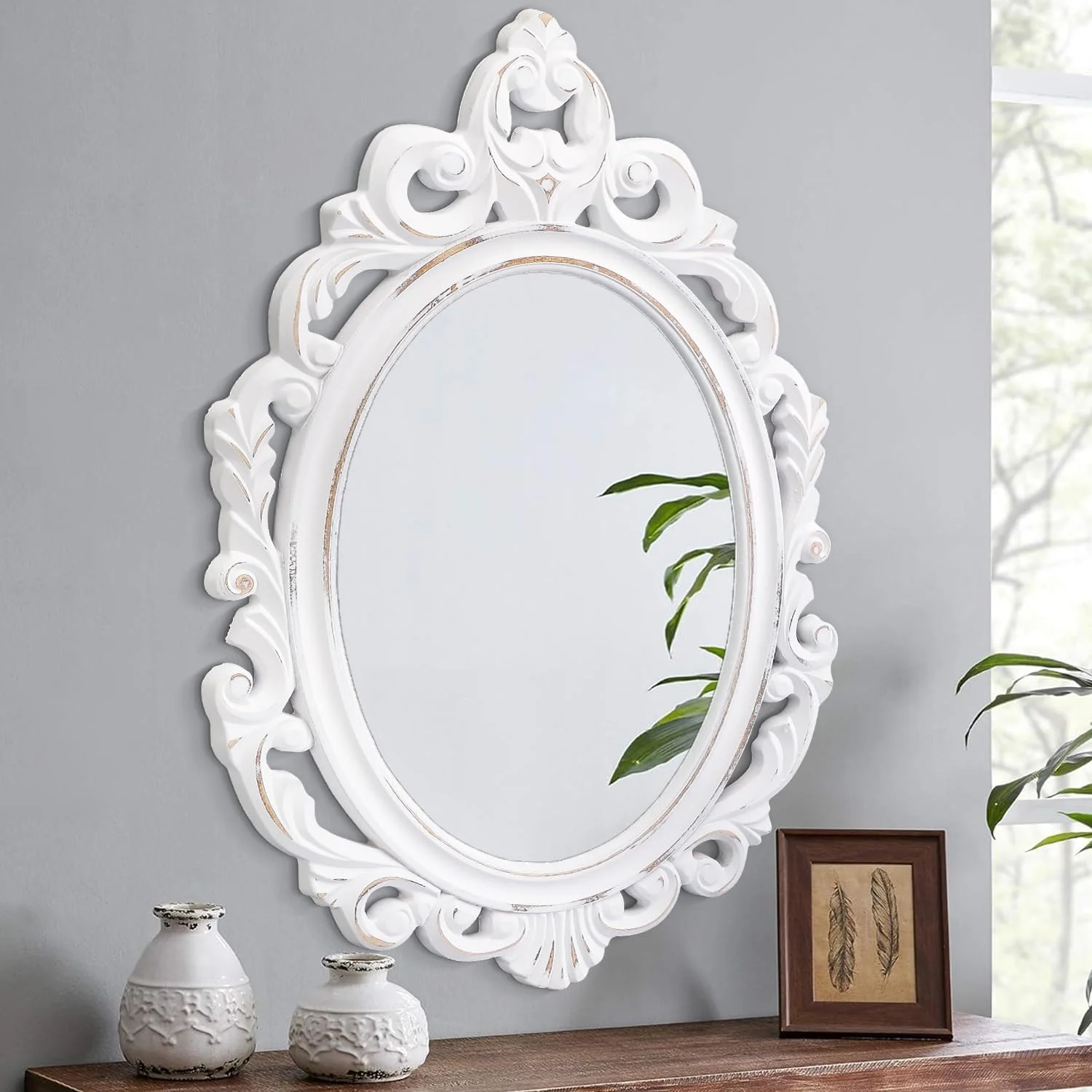 آینه دیواری Lzuso، آینه بیضی شکل وینتیج برای دیوار، آینه چوبی آویز تزئینی برای دکوراسیون حمام، اتاق خواب، اتاق نشیمن، ورودی، 60x40 سانتی متر