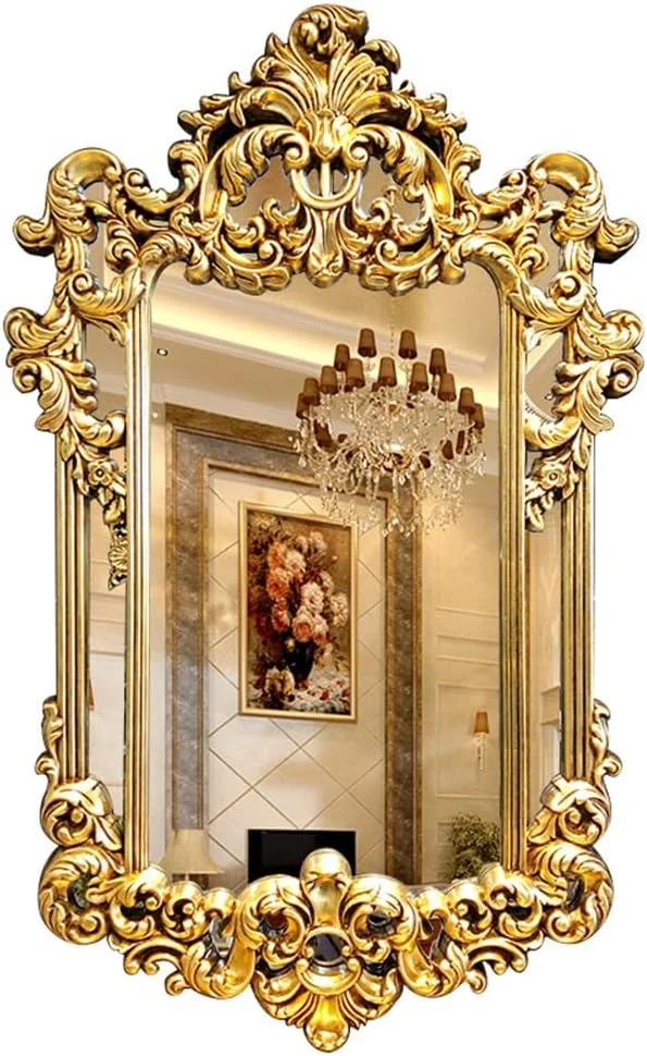 آینه تزئینی حکاکی شده طرح قدیمی KXWOQ3ED، دکور دیوار باروک مجلل 74x120 سانتی متر، آینه آویز طلایی عتیقه برای حمام، اتاق نشیمن، ورودی