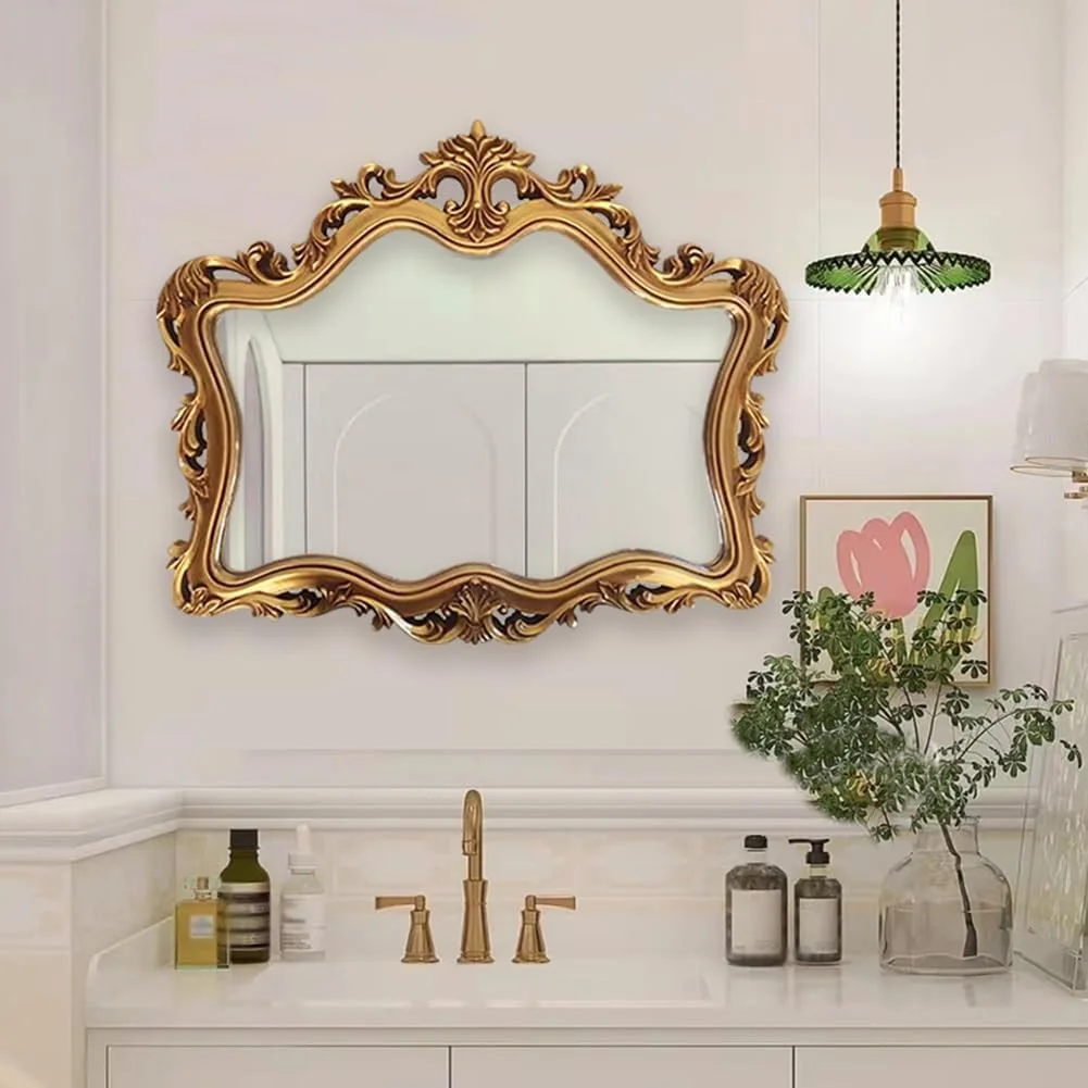 آینه تزئینی حکاکی شده طرح قدیمی KXWOQ3ED، آینه آرایشی برای اتاق خواب، حمام، میز آرایش، اتاق نشیمن، 95x78 سانتی متر، آینه دیواری باروک مجلل