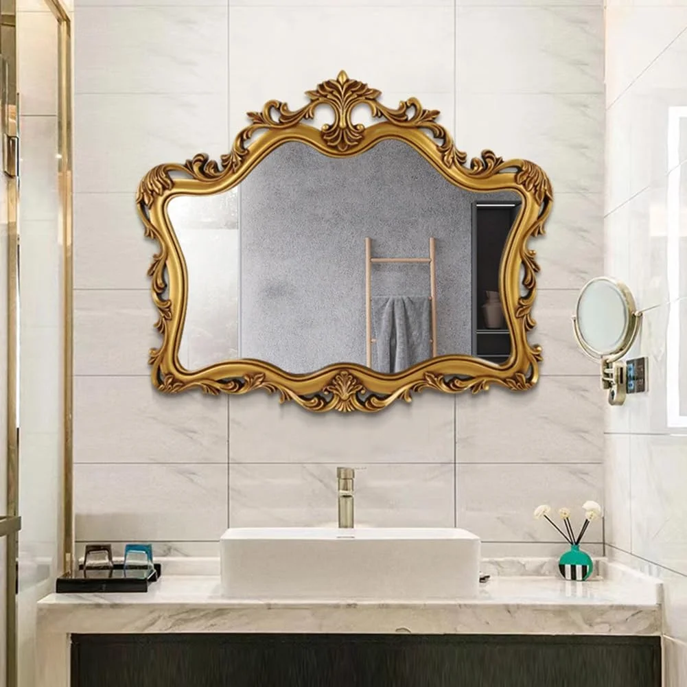 آینه تزئینی حکاکی شده طرح قدیمی KXWOQ3ED، آینه آرایشی برای اتاق خواب، حمام، میز آرایش، اتاق نشیمن، 95x78 سانتی متر، آینه دیواری باروک مجلل