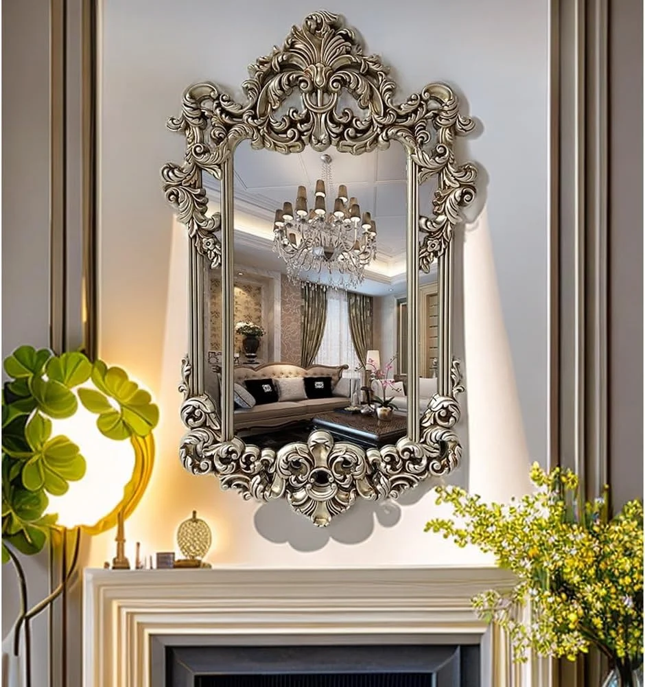 آینه تزئینی بزرگ حکاکی شده طرح قدیمی KXWOQ3ED، آینه دیواری باروک 74x120 سانتی متر، طرح اروپایی عتیقه، آینه آویز زینتی برای دکوراسیون منزل، اتاق نشیمن، ورودی (نقره ای)