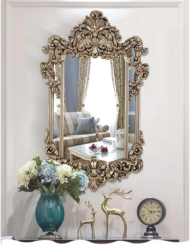 آینه تزئینی بزرگ حکاکی شده طرح قدیمی KXWOQ3ED، آینه دیواری باروک 74x120 سانتی متر، طرح اروپایی عتیقه، آینه آویز زینتی برای دکوراسیون منزل، اتاق نشیمن، ورودی (نقره ای)