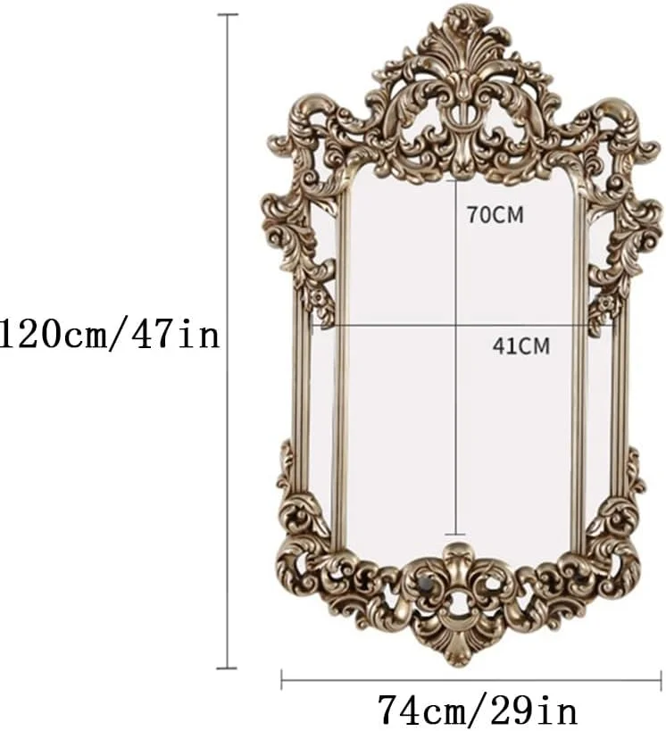 آینه تزئینی بزرگ حکاکی شده طرح قدیمی KXWOQ3ED، آینه دیواری باروک 74x120 سانتی متر، طرح اروپایی عتیقه، آینه آویز زینتی برای دکوراسیون منزل، اتاق نشیمن، ورودی (نقره ای)