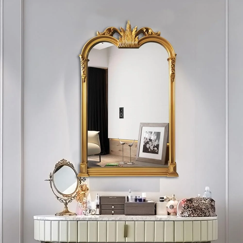 آینه تزئینی طلایی طرح قدیمی KXWOQ3ED، 70x106 سانتی متر، آینه آرایشی به سبک ویکتوریایی، آینه دیواری باروک عتیقه برای اتاق نشیمن، اتاق خواب، حمام، ورودی، شومینه