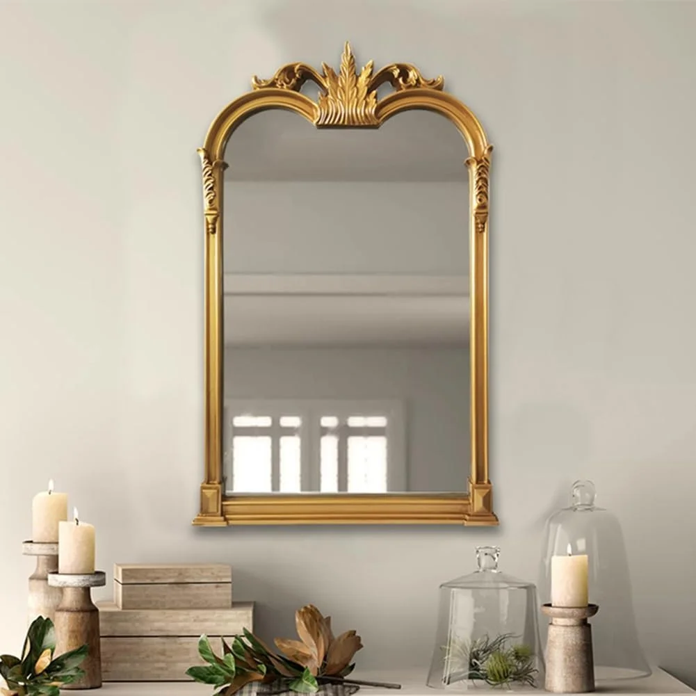 آینه تزئینی طلایی طرح قدیمی KXWOQ3ED، 70x106 سانتی متر، آینه آرایشی به سبک ویکتوریایی، آینه دیواری باروک عتیقه برای اتاق نشیمن، اتاق خواب، حمام، ورودی، شومینه
