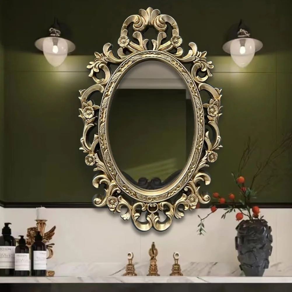 آینه دیواری نقره ای طرح قدیمی KXWOQ3ED، آینه تزئینی باروک پر نقش و نگار، آینه بیضی عتیقه آویز 100x64 سانتی متر برای اتاق نشیمن راهرو شومینه حمام ورودی