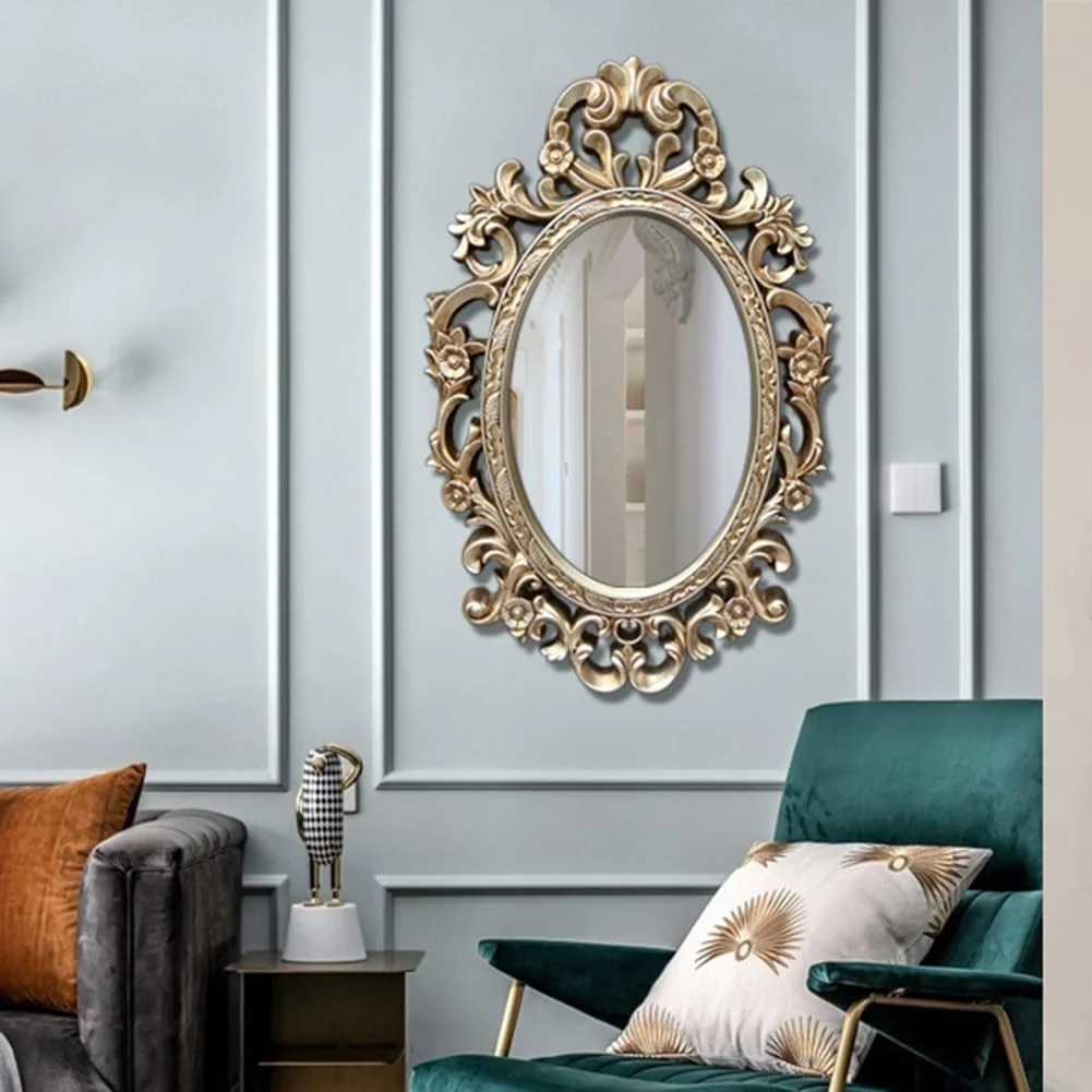 آینه دیواری نقره ای طرح قدیمی KXWOQ3ED، آینه تزئینی باروک پر نقش و نگار، آینه بیضی عتیقه آویز 100x64 سانتی متر برای اتاق نشیمن راهرو شومینه حمام ورودی